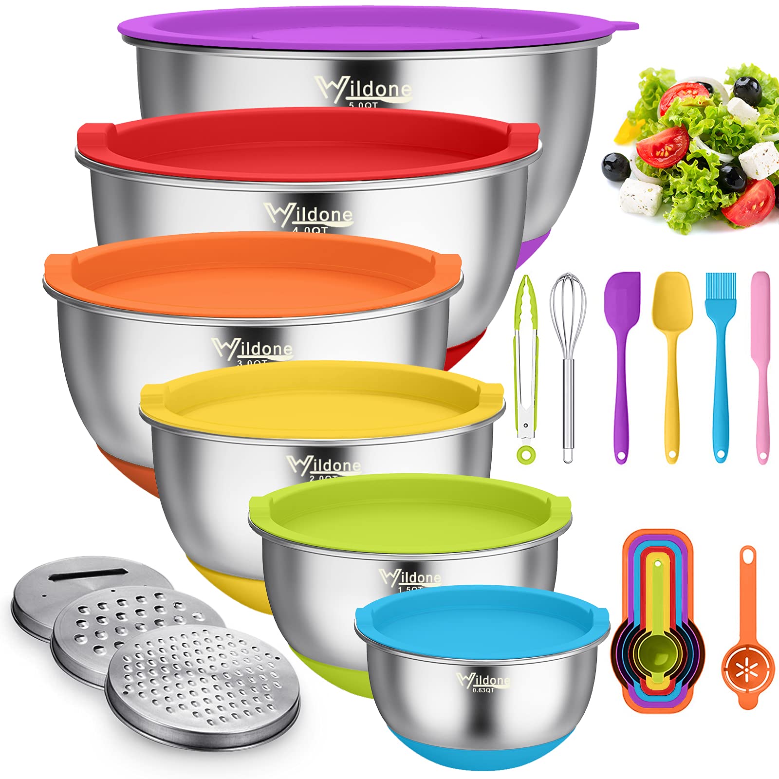 Wildone Mixing Bowls with Airtight Lids, 22 PCS Stainless Steel Mixing Bowls Set, 3 Grater Attachments, Measurement Marks & Non-Slip Bottom, Size 5, 4, 3, 2,1.5, 0.63QT, Ideal for Mixing & Prepping