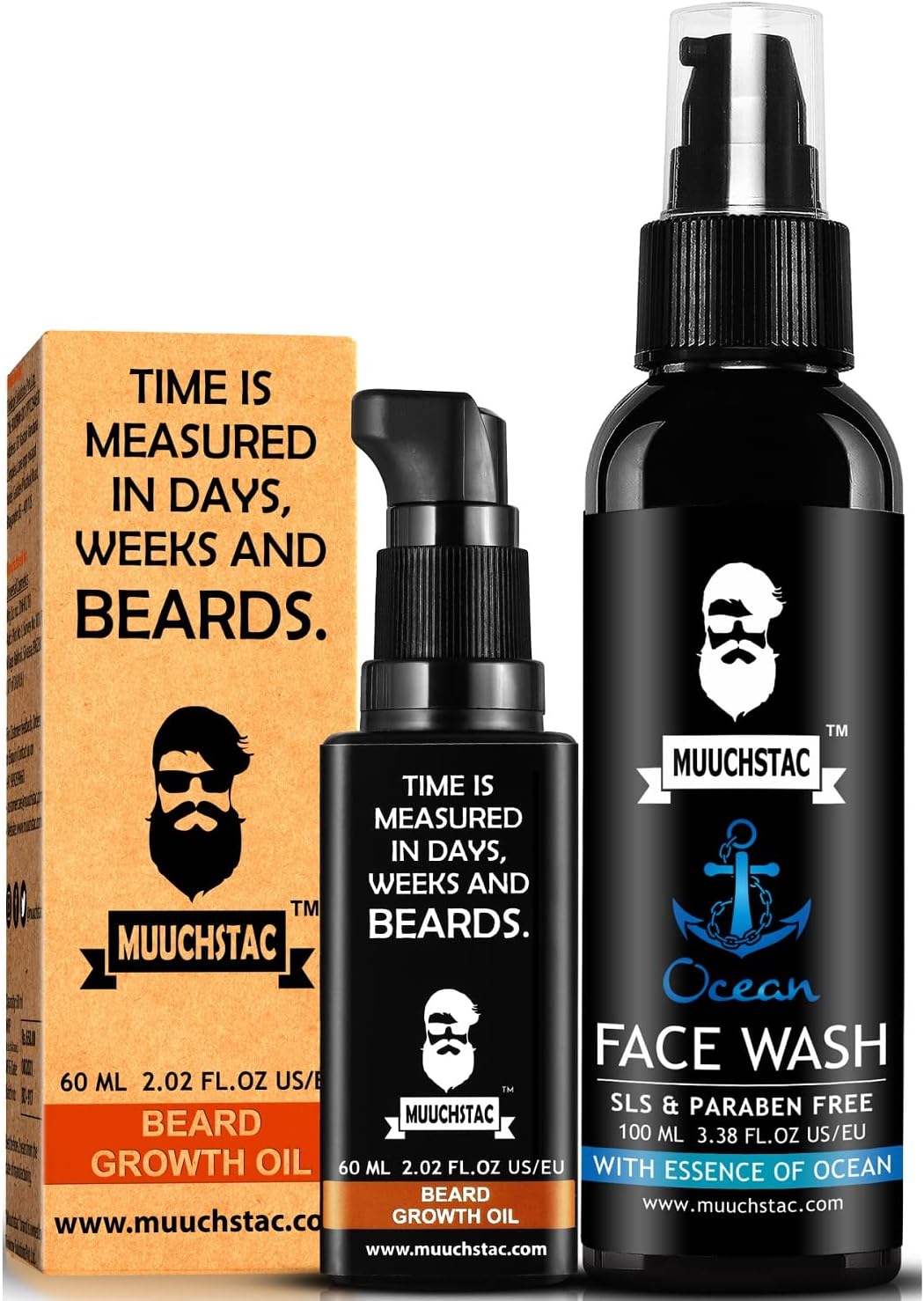 MuuchstacMen's Herbal Beard Growth Oil, 60ml & Refreshing Ocean Face Wash, 100 ml, Sulphate & Paraben Free