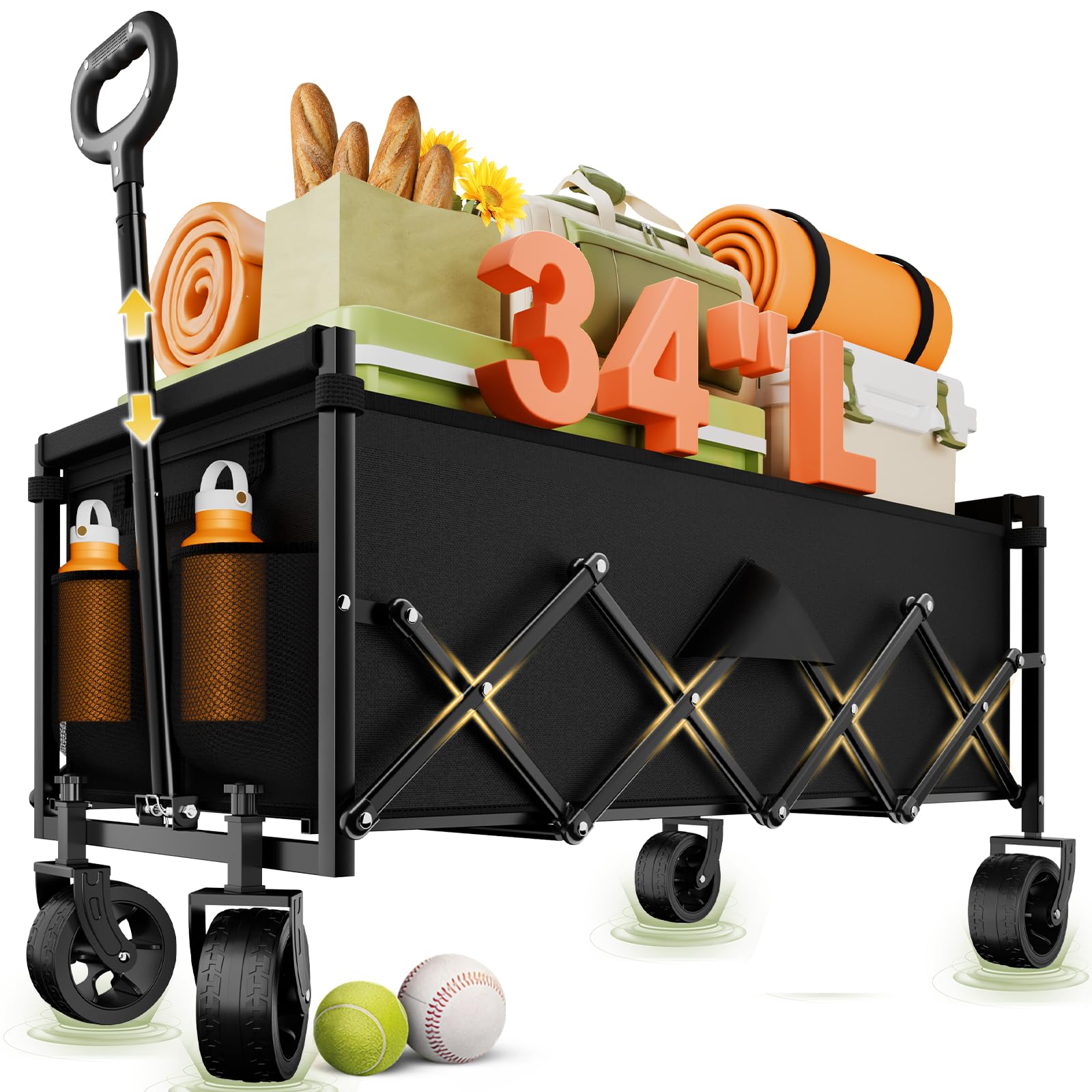 Photo 1 of ***ONLY WHEELS AND HANDLE*** InBrave Extra Long Collapsible Wagon Cart, 480LBS Heavy Duty Utility Wagons with All-Terrain Wheels, Foldable Grocery Carts for Gardening, Shopping, Beach, Camping, Black