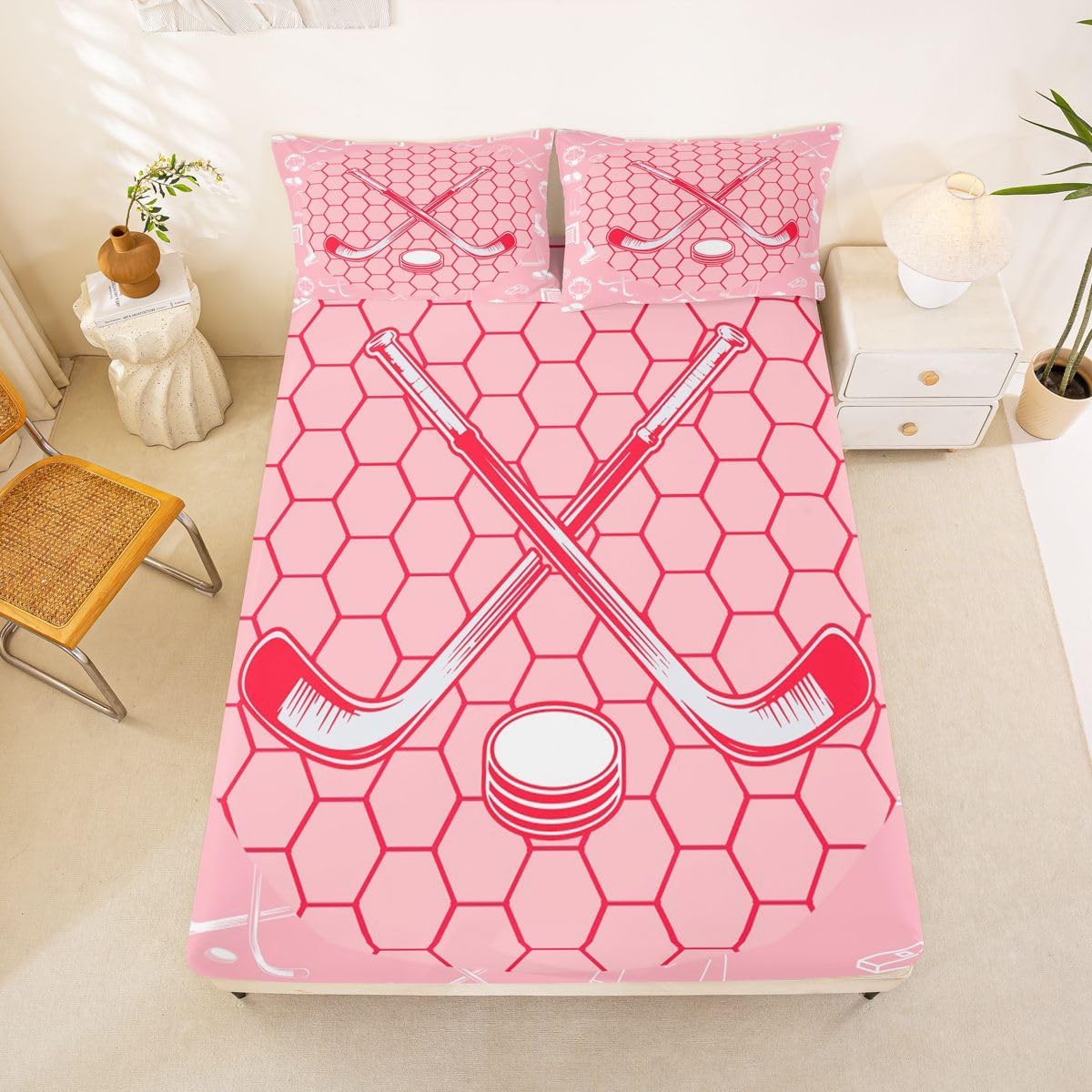 Erosebridal Girls Fitted Sheet Queen Size Pink Ice Hockey Bedding Set Cute Geometric Honeycomb Sports Bed Sheets Room Decor,Hexagon Ice Hockey Bed Cover 2 Pillow Cases