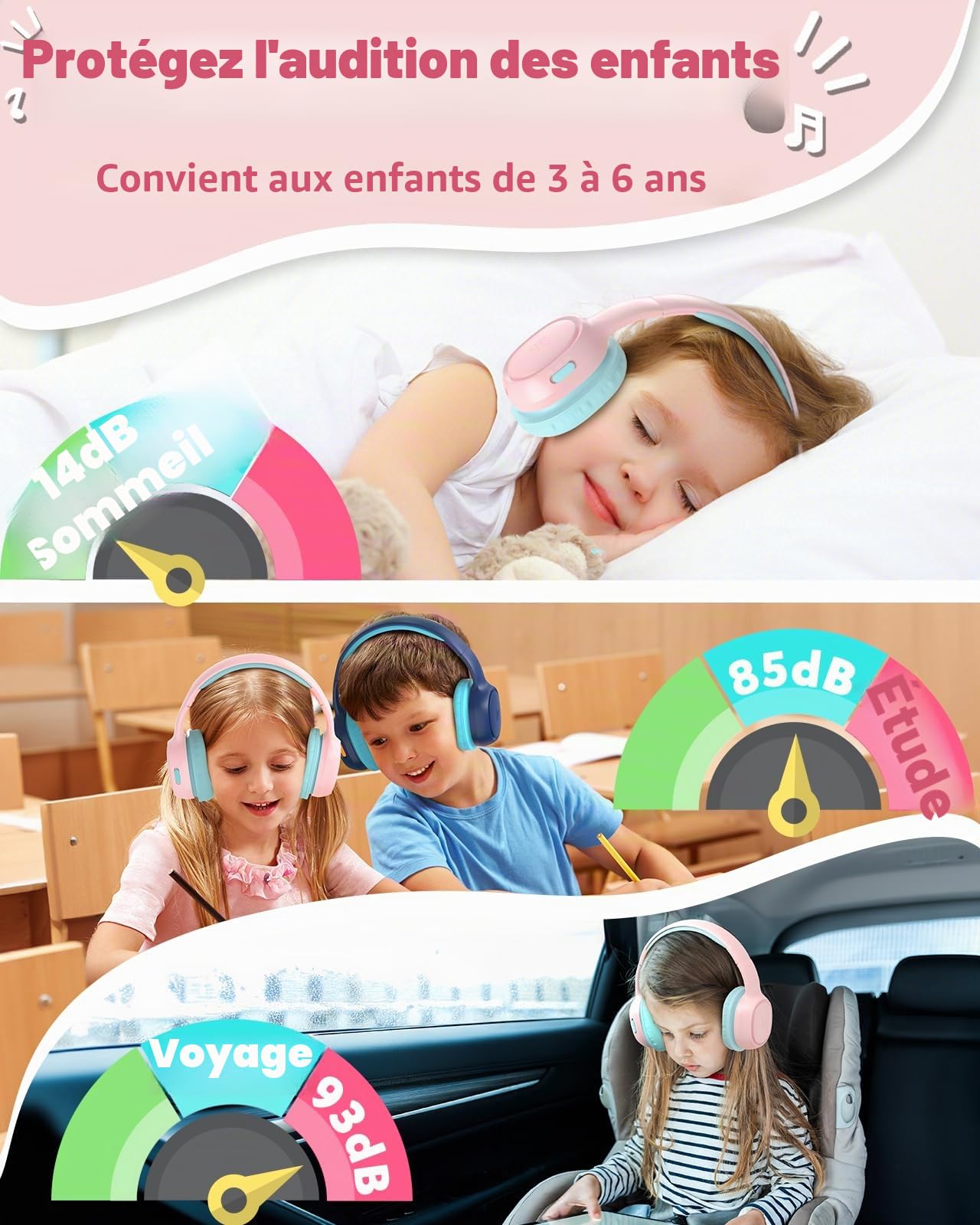 Tronsmart KH02 Casque Audio Enfant Bluetooth 5.3, Volume Limité 74/85/94 DB, Pliable, Microphone Intégré, pour Fille, Rose