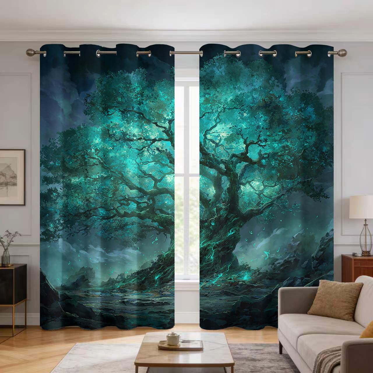 Rideaux occultants contre le froid et le jour | Rideau motif arbre galaxie