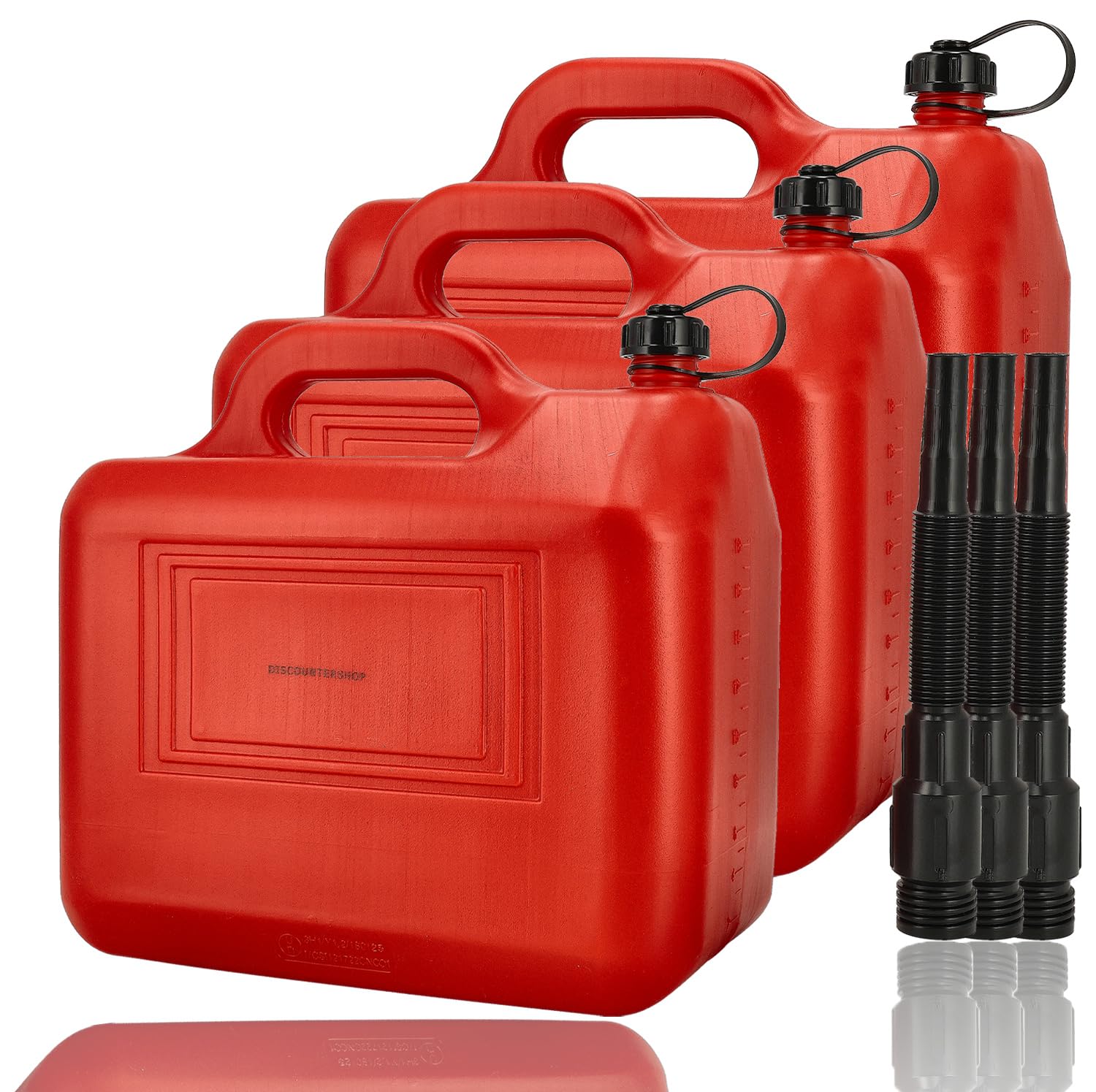 Jerrycan 20 Litres Rouge - Lot de 3 - Avec Bec Verseur Long, Entonnoir & Tuyau de Remplissage - Bidons de Carburant pour Essence et Diesel - Réservoir d'Essence Plastique - Bidon de Carburant