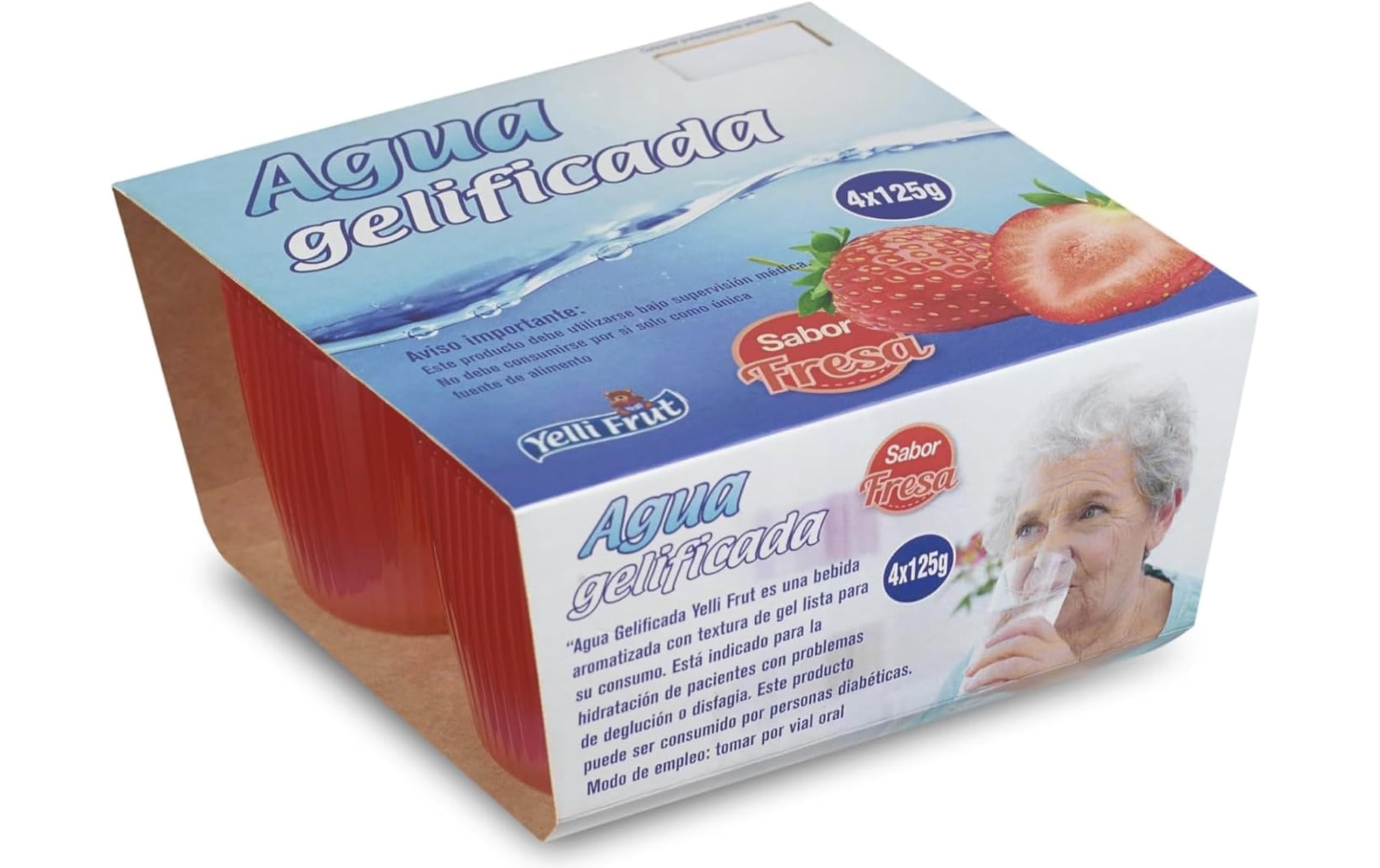 Eau gélifiée. Épaississant pour la dysphagie. Saveur fraise, en pot de 125 g. Lot de 6 x 4 = 24 pots. Saveurs eau gélifiée pour la dysphagie. Eau gélifiée pour une hydratation en toute sécurité.