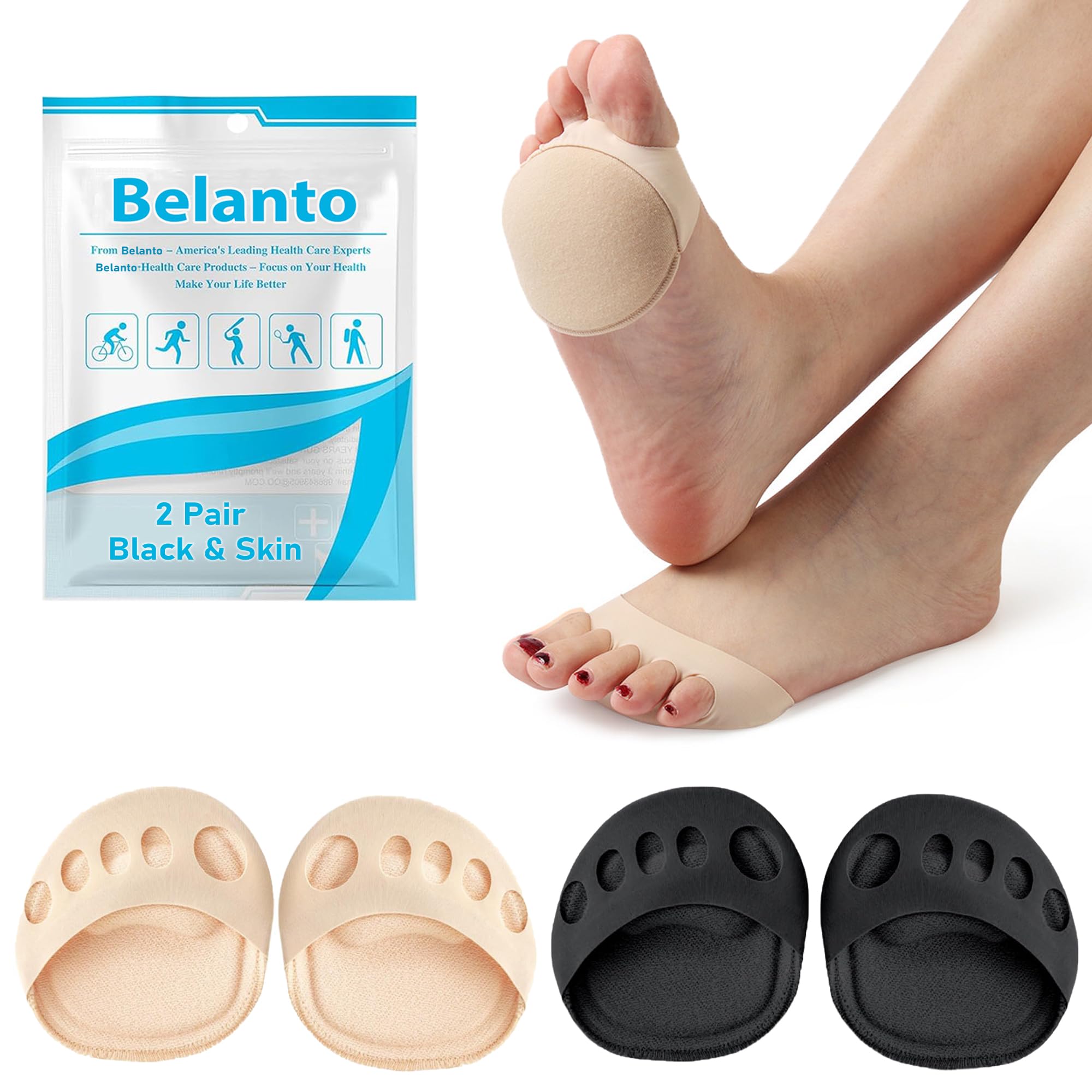 Belanto 2 pair Forefoot Pads for Women High Heels, Non-Slip Toe Topper Socks Reusable Ball of Foot Cushions Honeycomb Fabric Metatarsal Pads Invisible Forefoot Socks