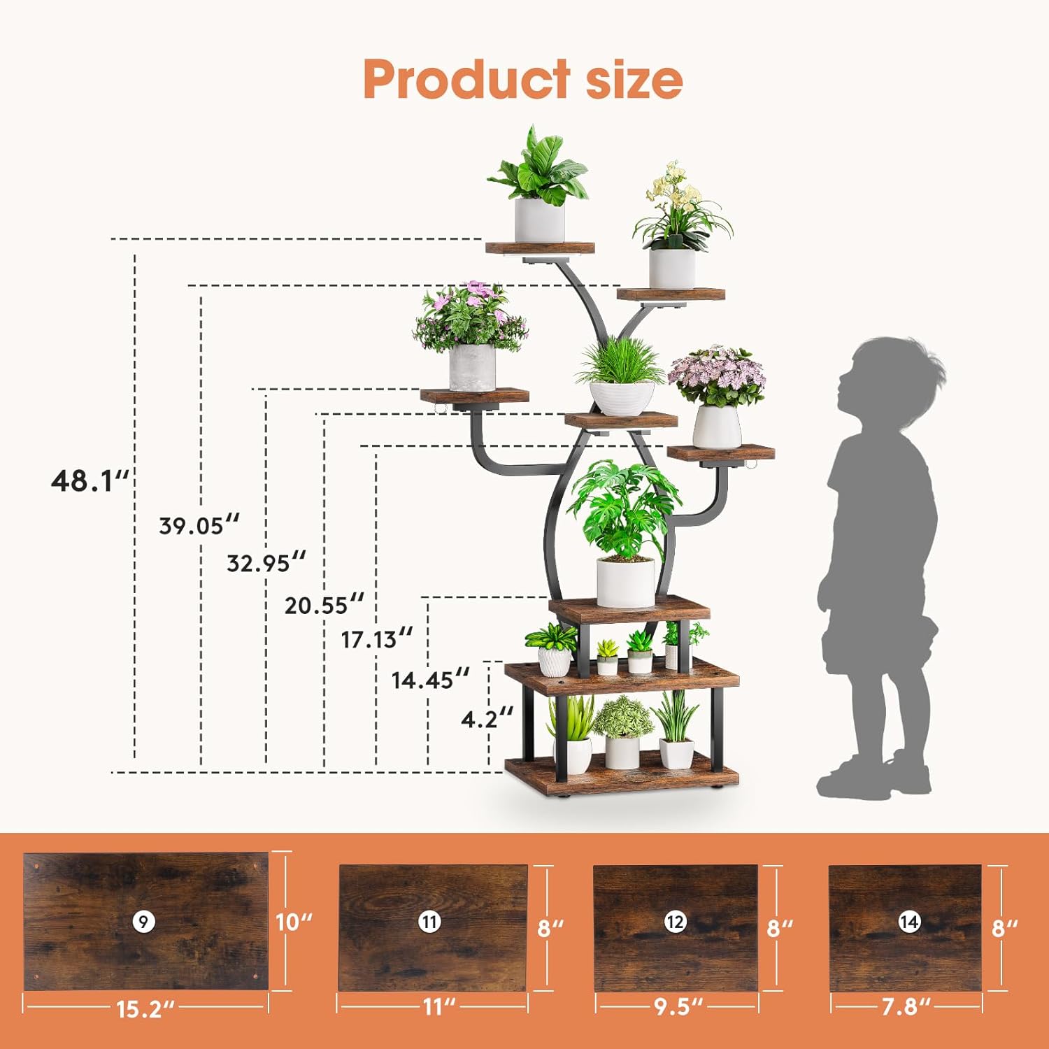Tovve Plant Stand Indoor with Grow Light, 8 Tiered 48" Small Plant Shelf, Corner Plant Stand Stand for Indoor Plants Multiple, Metal Humen-Shaped Plant Flower Holder, for Living Room, Patio, Balcony