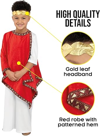 Fun Shack Roman Emperor Costume Kids Roman Costume Greek Toga Fancy Dress Halloween Costumes for Boys S M L XL | White Tunic with Red Robe Featuring a Gold, Red Patterned Hem Included, Perfect for Halloween, Fun for Fancy Dress