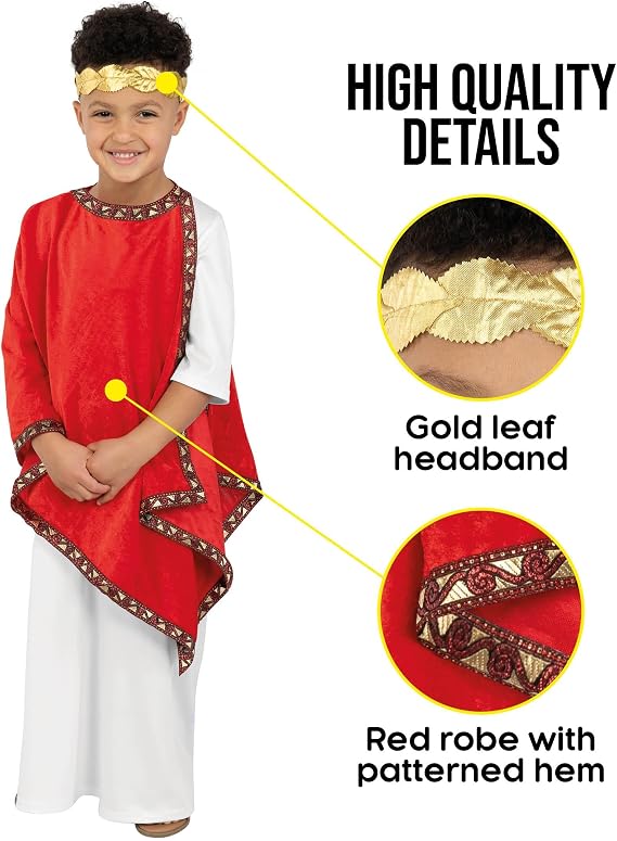 Fun Shack Roman Emperor Costume Kids Roman Costume Greek Toga Fancy Dress Halloween Costumes for Boys S M L XL | White Tunic with Red Robe Featuring a Gold, Red Patterned Hem Included, Perfect for Halloween, Fun for Fancy Dress