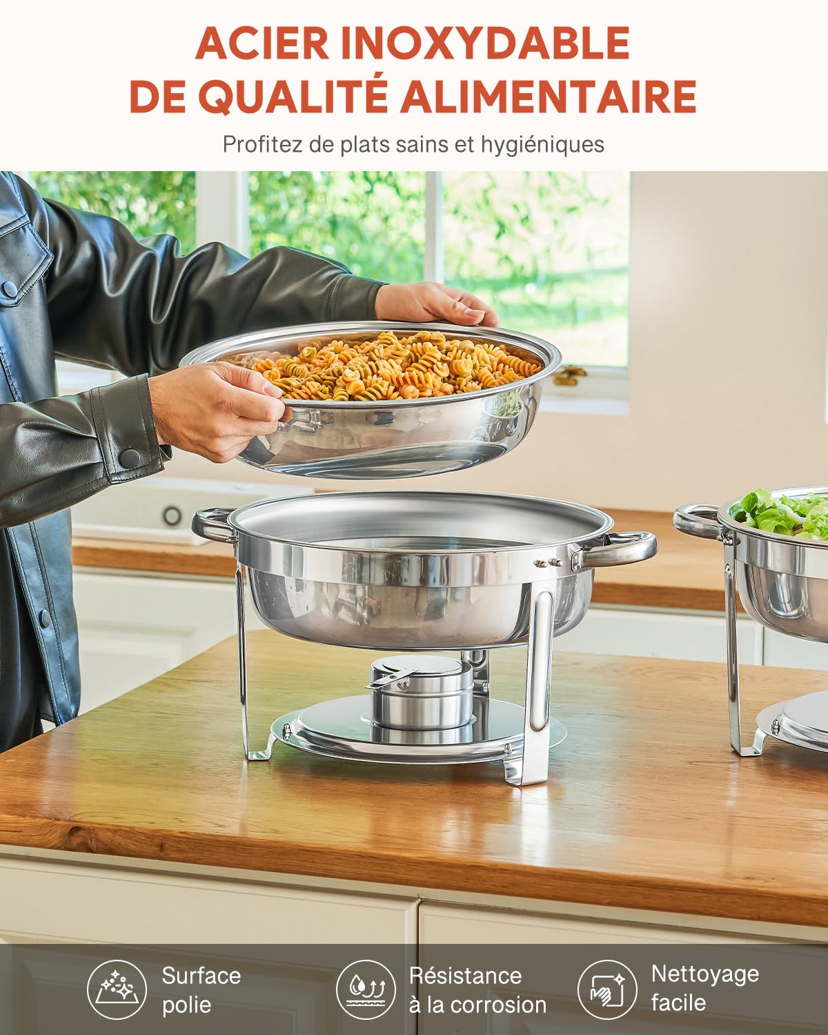 Wilprep Buffets Chauffants Ronds 6PCS Chafing Dish 5L en Acier Inoxydable avec Couvercles Plats Bains Maries Supports de Combustible pour Restaurants Traiteurs Fêtes Mariages Pique-niques