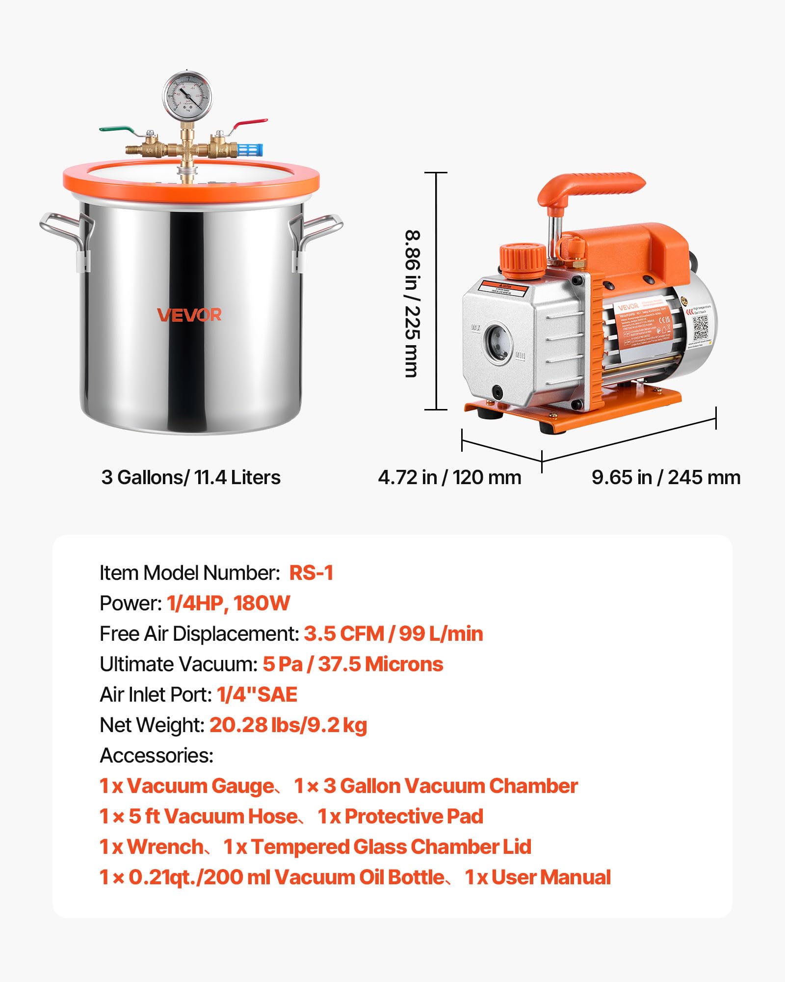 VEVOR Vakuumpumpe mit 11,4 L Vakuumkammer, 3,5 CFM 99 L/min, 1-stufige Unterdruckpumpe 180 W, Vacuum Pump Kit, 1,5 m Schlauch, zur Stabilisierung von Holz und Entgasung von Silikonharz