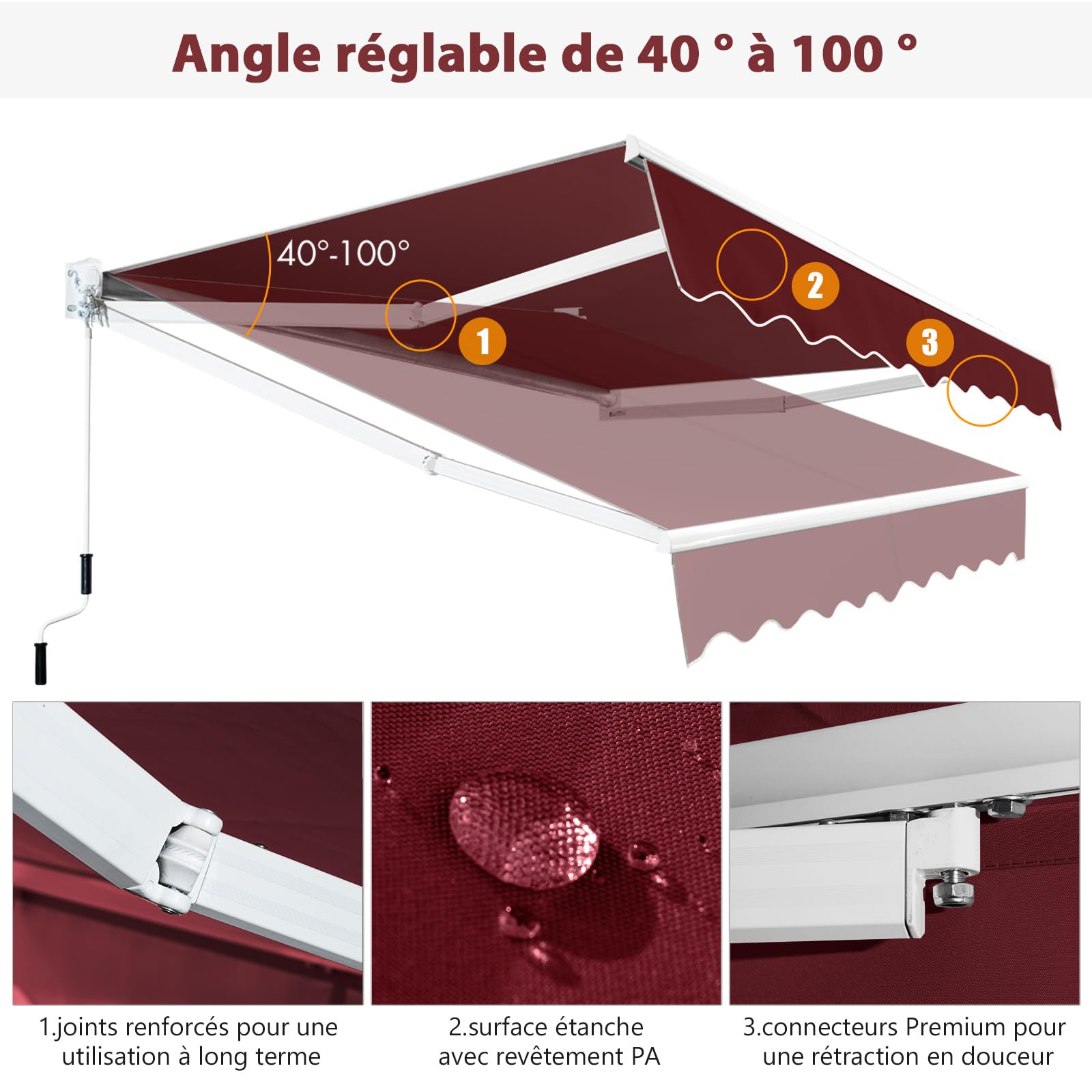 COSTWAY Store Banne Manuel Rétractable de 245 x 200CM Angle Ajustable 40°-100°, Auvent de Terrasse en Aluminium Manivelle Tissu Résistant aux UV et Eau pour Fenêtre Terrasse Balcon (Rouge)