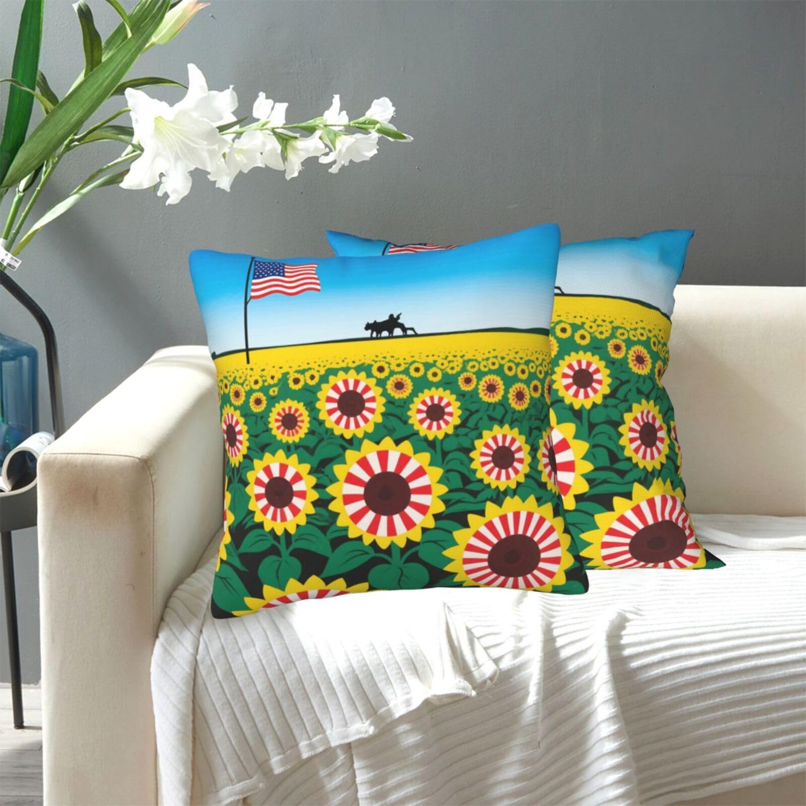 FekiLoot Decorative Throw Pillow Covers Modern Farmhouse Pillowcase Double Sided Cozy Cushion Cover for Sofa Couch Bed 20"X20" American-Sunflower Us-Flag Stripes