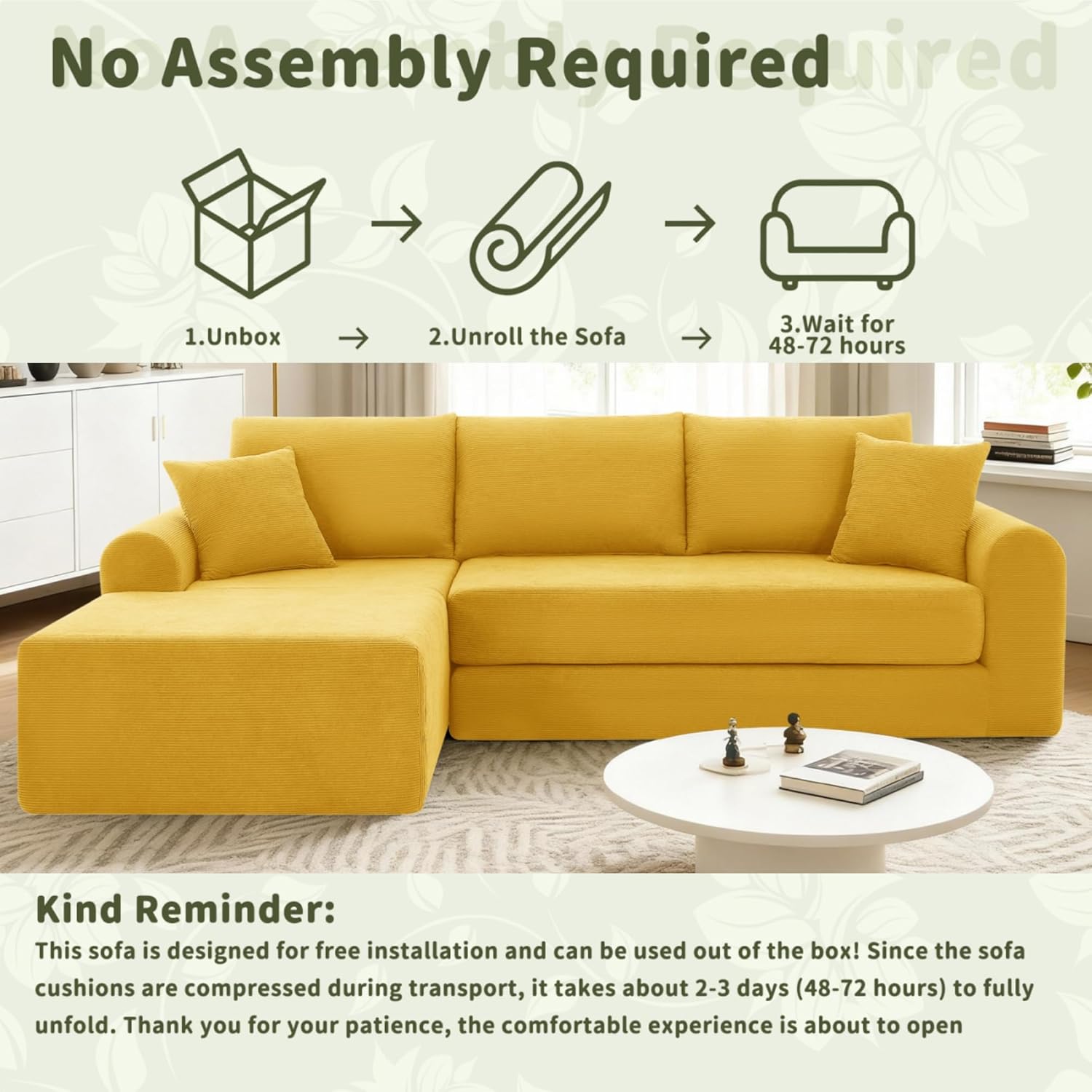 103 inch Cloud Sectional Couch, Modular Sectional Sofa with Deep Seat,Folding L-Shape Sofa Bed,Corduroy Boneless Couch Bed for Living Room,No Assembly Required,(Yellow,Left Facing Chaise)