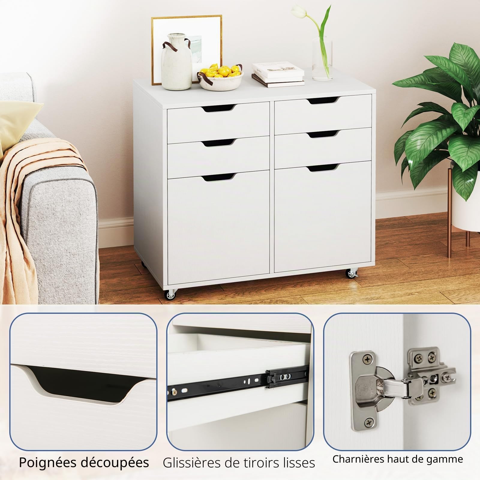 GIANTEX Caisson Bureau Mobile à 4 Tiroirs avec 2 Portes, Caisson Tiroir avec 5 Roulettes Universelles, Poignées Découpées, Meuble Tiroir Rangement Moderne pour Chambre, 73 x 40 x 64,5 cm, Blanc