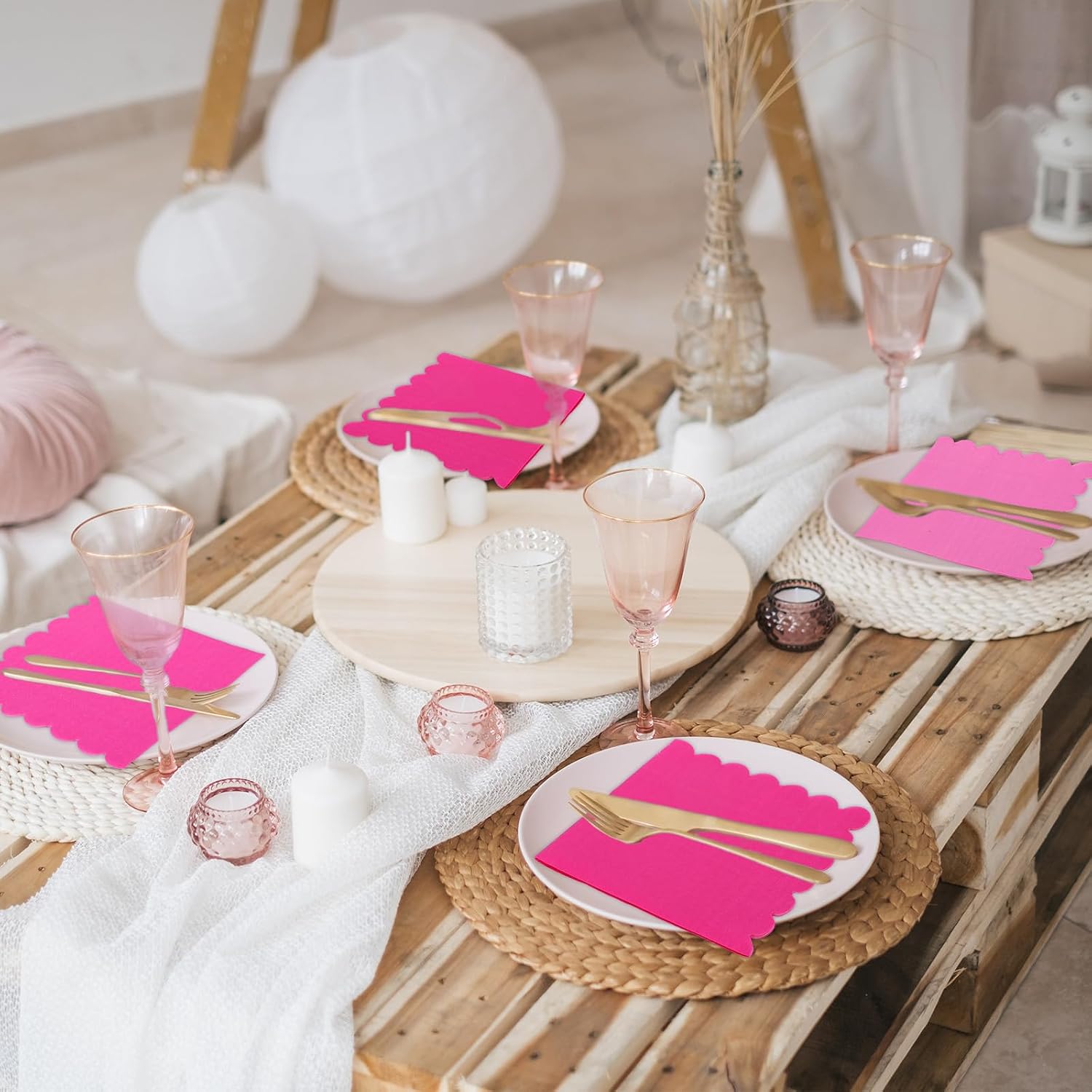 Whaline 150 Pcs Hot Pink Scalloped Cocktail Napkins 3 Gradient Pink Colors Paper Napkins Disposable Beverage Napkin for Baby Shower Wedding Birthday Party Supplies Table Decor