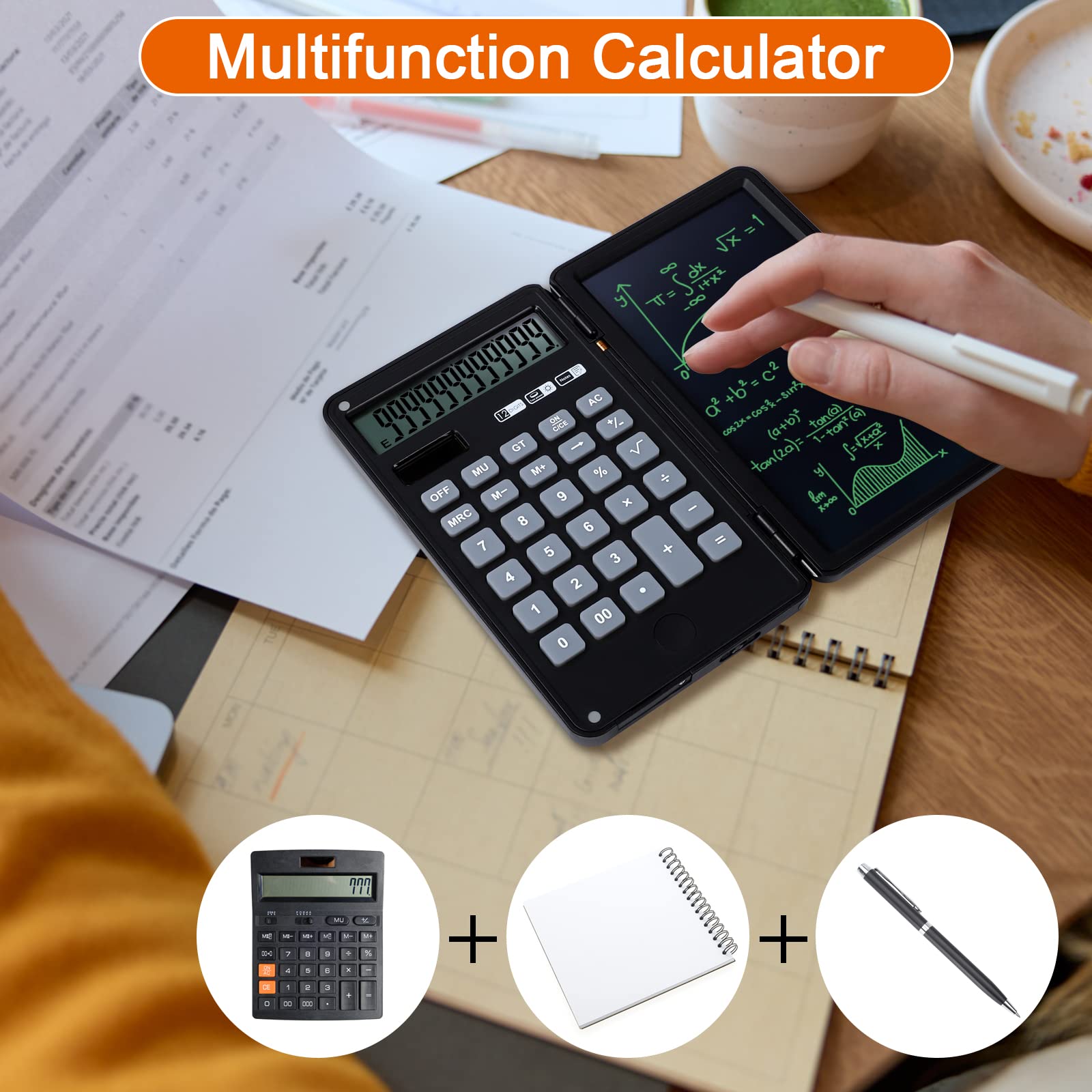 Tablette d'écriture LCD Effaçable Calculatrice Bureau 12 Chiffres Solaire Batterie Double Alimentation Poche Noir
