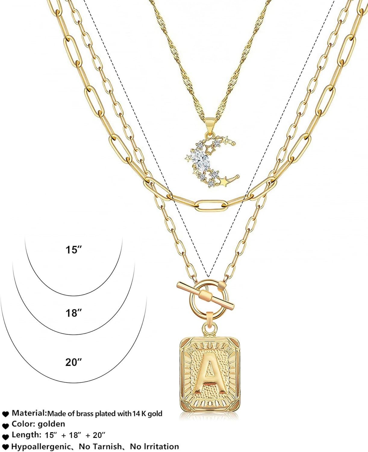MJartoria Layered Initial Necklaces for Women Trendy, 14K Gold Plated Brass Simple Moon Choker Square Letter Pendant Necklace, Paperclip Chain Necklaces Jewelry Gifts - Image 5