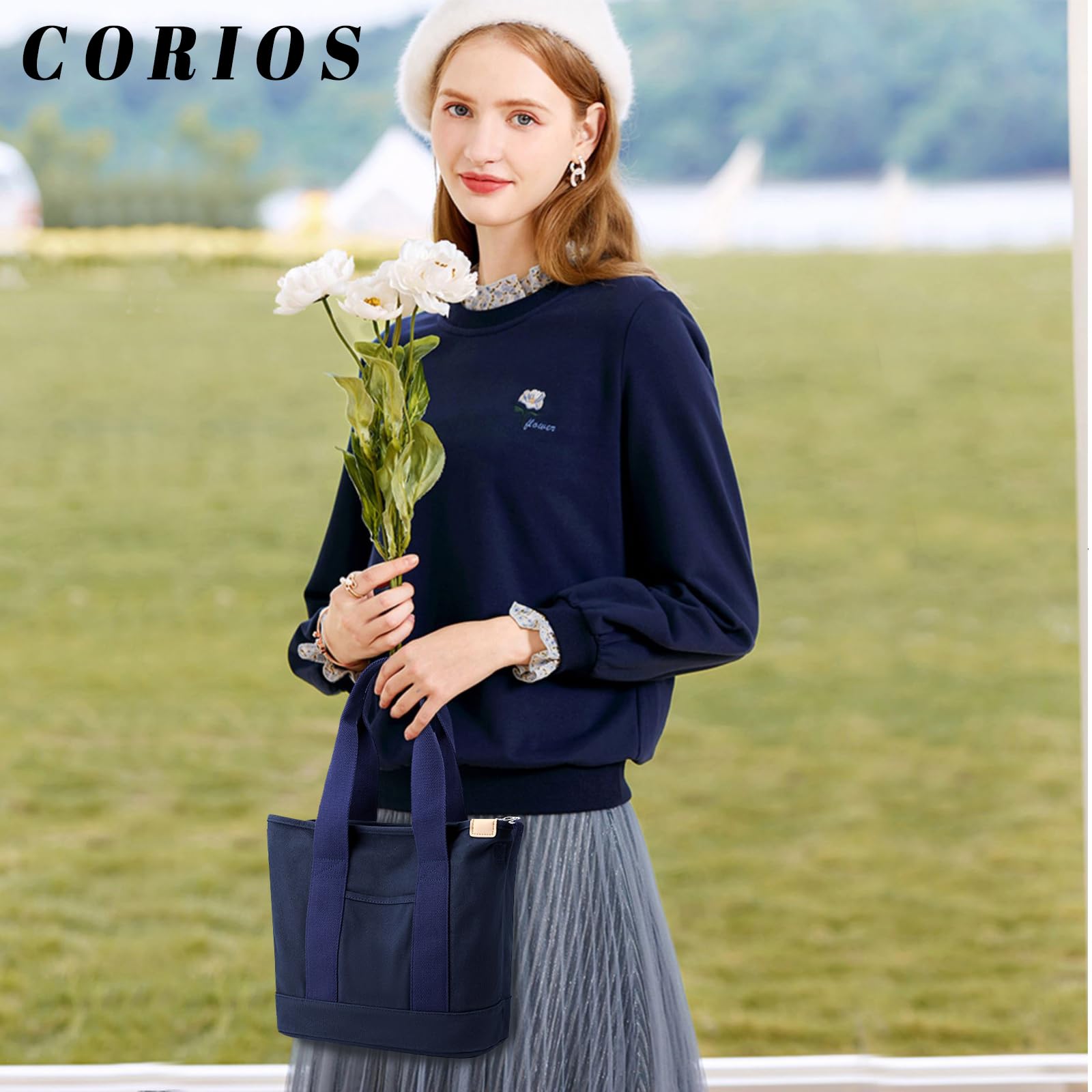 CORIOS Bolso Bandolera de Lona para Mujer Gran Capacidad Bolso de Mano Bolsa Shopper Ligero Bolso de Hombro Bolsa de Ociopara Multifuncional Bolso Tote para Citas Trabajo Viajes Compras Azul Oscuro