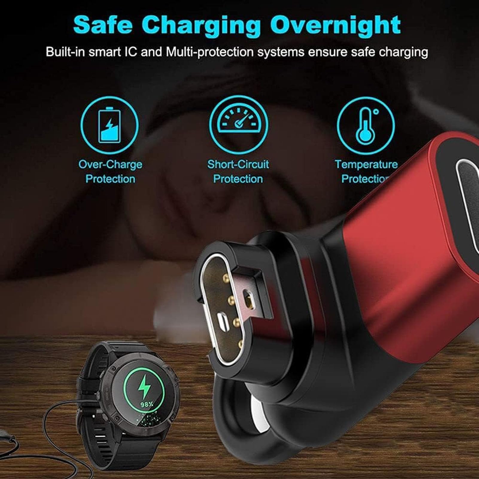 Wide Compatibility Watch Charger Adapter for Garmin7 6 5.2, Venu, Vivoactive 4, Forerunner 945 935 245, Swim 2 with 8 Pin Port, 90 Degree Design - Red