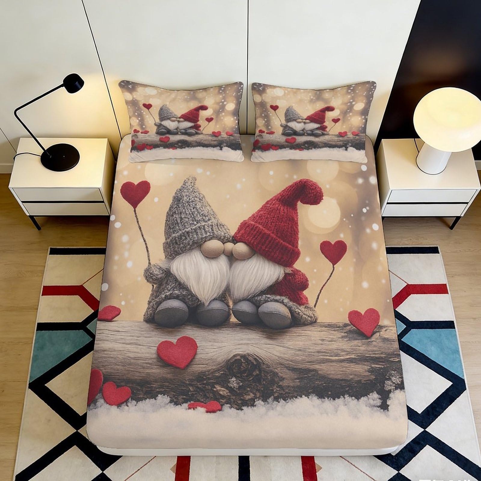 Jqzkxnhpbr Style-5 3D Printed Gnome Lovers Fitted Sheet Microfiber Heart Pattern Bed Cover For Bedroom Dorm Decor Protection 90X200x25cm