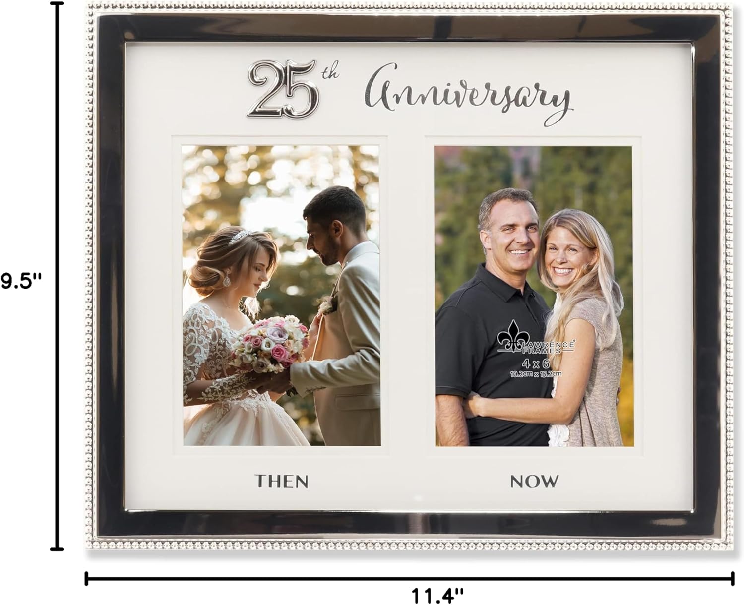 4x6 Double Silver Beaded Metal 25th Anniversary Picture Frame, Then and Now