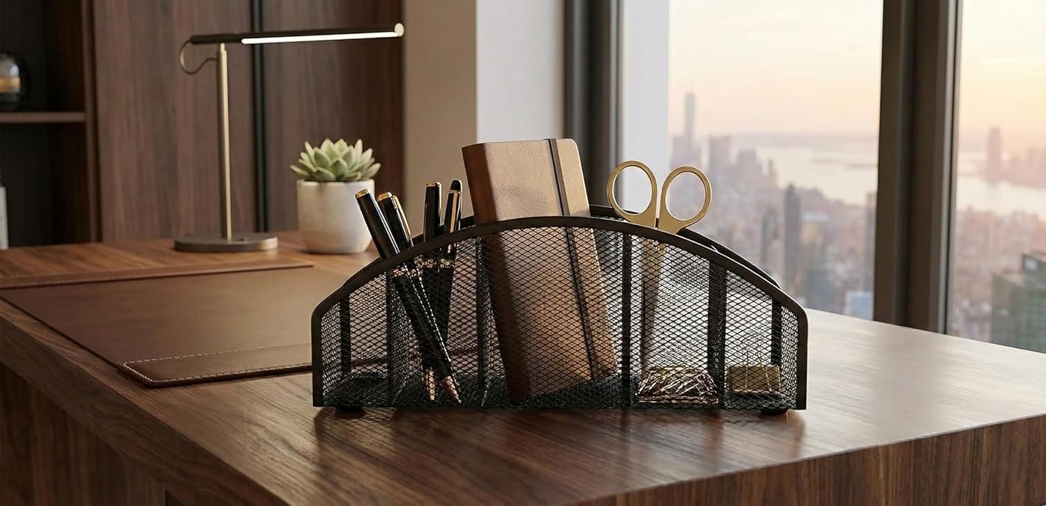 5-Tier Desk Organizer & Pen Holder, Large-Capacity Metal Mesh Pencil Cup, Cute Aesthetic Desktop Caddy for Markers, Art Supplies, Makeup Brushes, Black
