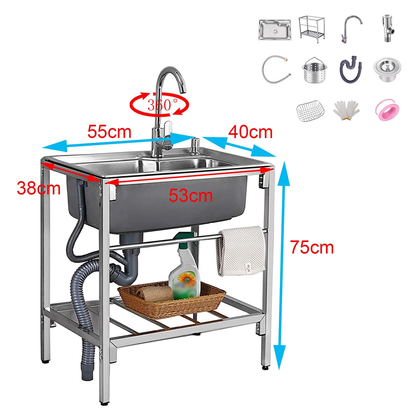 Spüle Campingküche 1 Becken, Gartenwaschbecken Spülenschrank Mit Spüle Und Armatur, Miniküche Singleküche Outdoor Küche Komplettspüle, 304 Edelstahl Waschbecken Küche Freistehender Küchenspüle