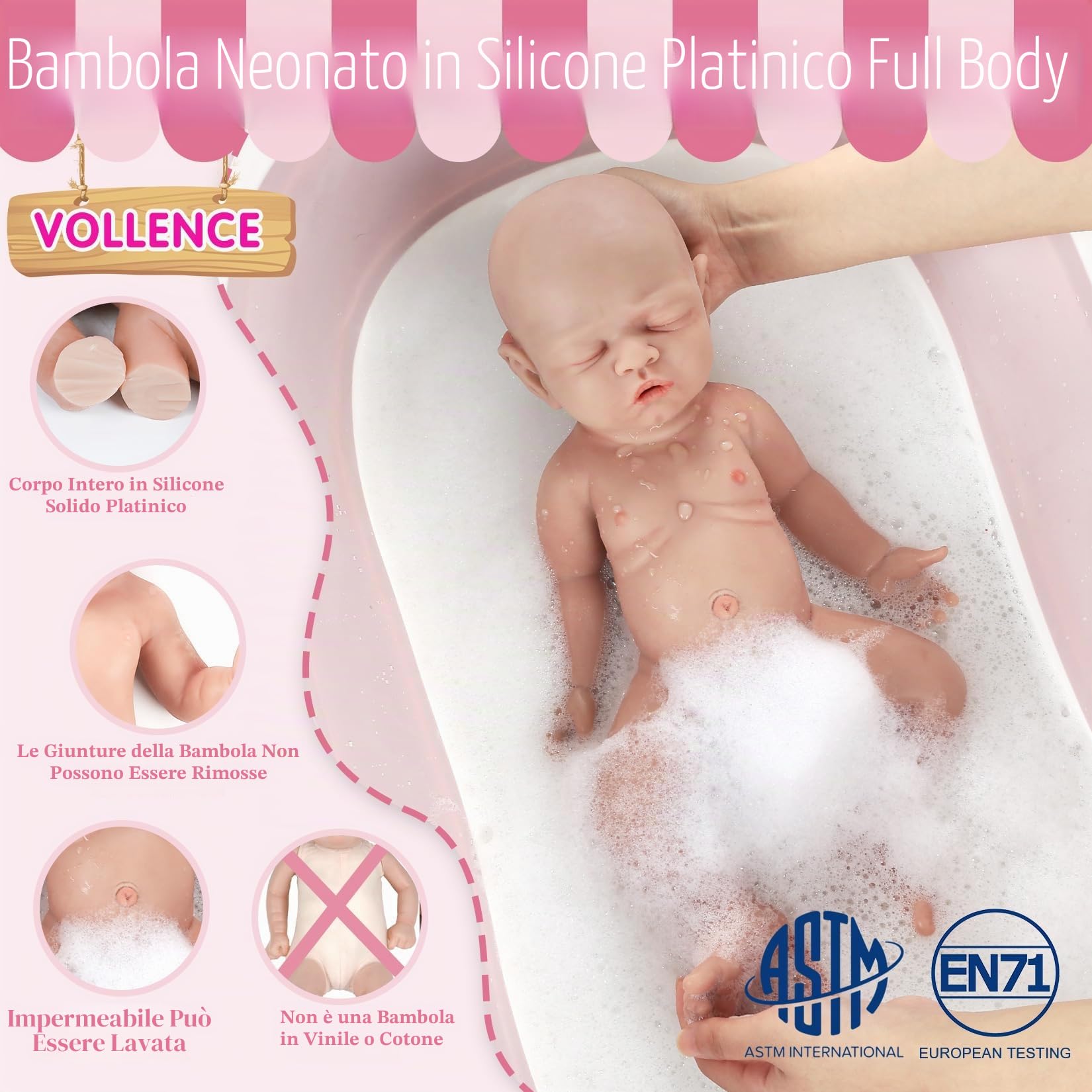 Vollence Bambola Neonata 31cm in Silicone, Bambino Neonato Sensazione Vera, Bambola Addormentata Realistica - Ragazza