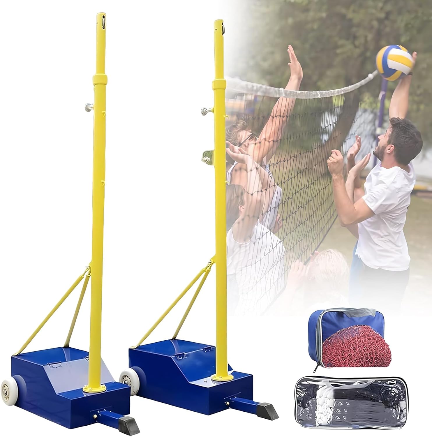 Volleyball Poles for Backyard, Heavy Duty Volleyball Stand with 2 Net for Indoor or Outdoor Use, 5.1ft-6.89ft Adjustable Height, Badminton Training Set with Wheels, for Adult Kids School