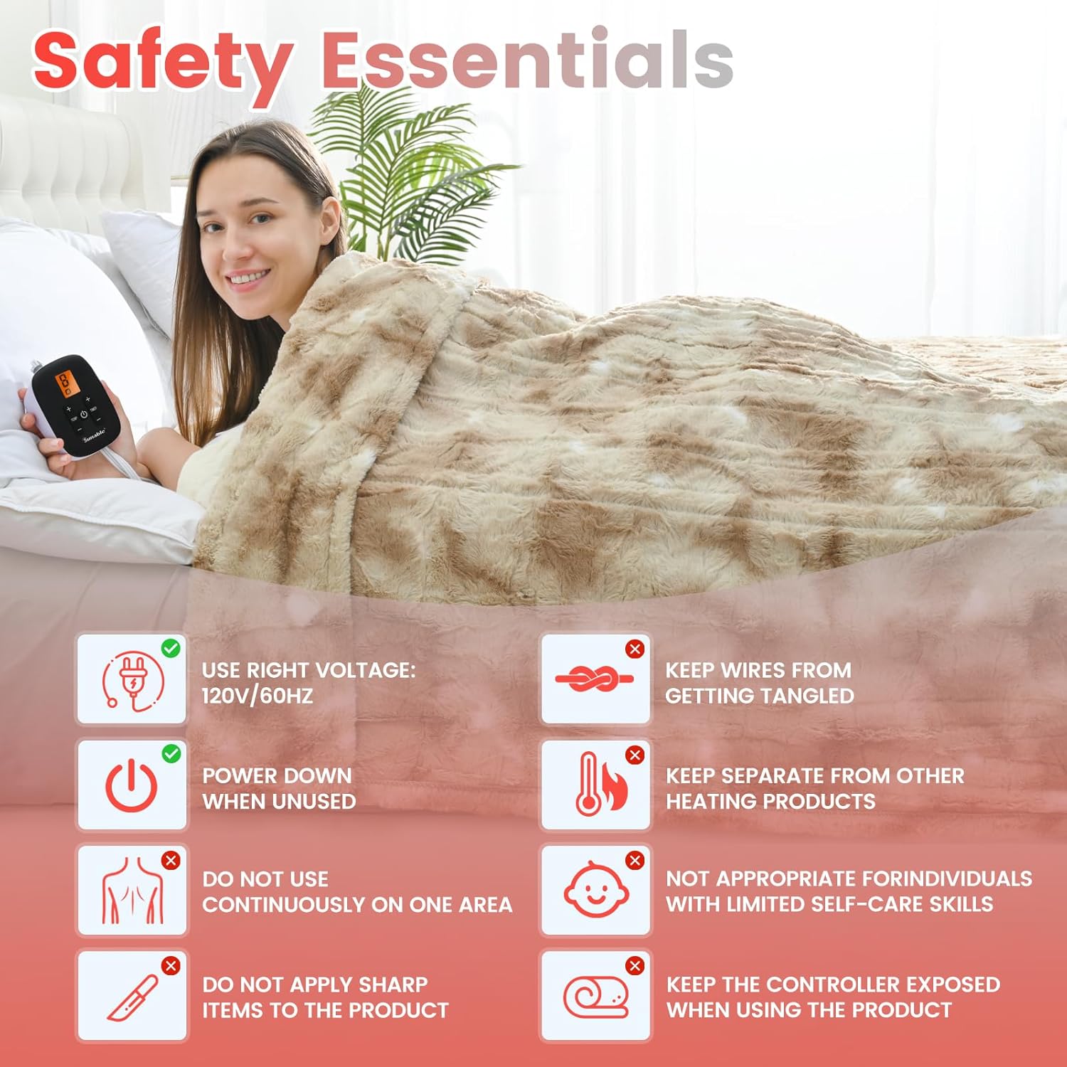 Sunable Heated Electric Blanket - Machine Washable Blanket with Time Settings Heat Settings Queen Size 84×90 inches, ETL Certified, Beige -Faux Fur - Image 8