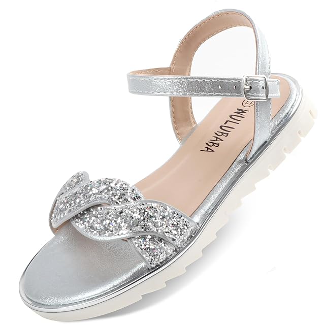 Wulubaba Wulubaba Girls Sandals Open Toe Glitter Flower Girl Dress Sandals