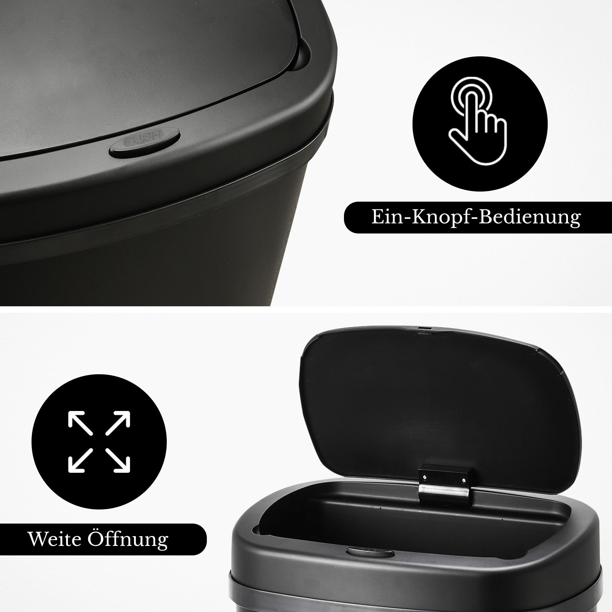 Bayt 60 L Schwarzer Küchenabfalleimer Mit Touch-Deckel – Großer Abfall- Und Müllbehälter Für Recycling | Geruchsdichter Rechteckiger Mülleimer Für Schlafzimmer, Badezimmer Und Büro