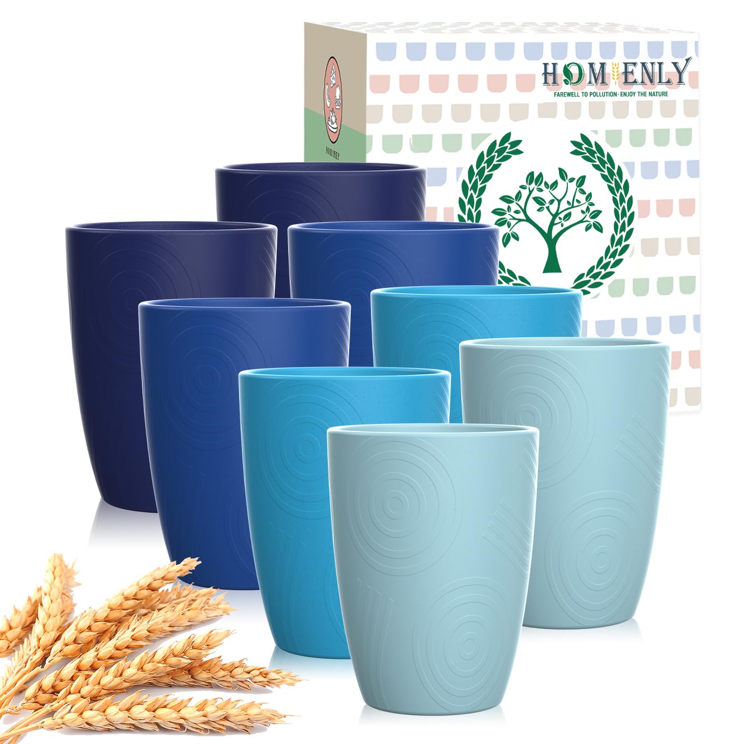 Homienly Wheat Straw Cups Set of 8, 12oz Drinking Cups, Plastic Cups Reusable Dishwasher Safe, Water Cup Set for Juice, Milk, Coffee - Ocean