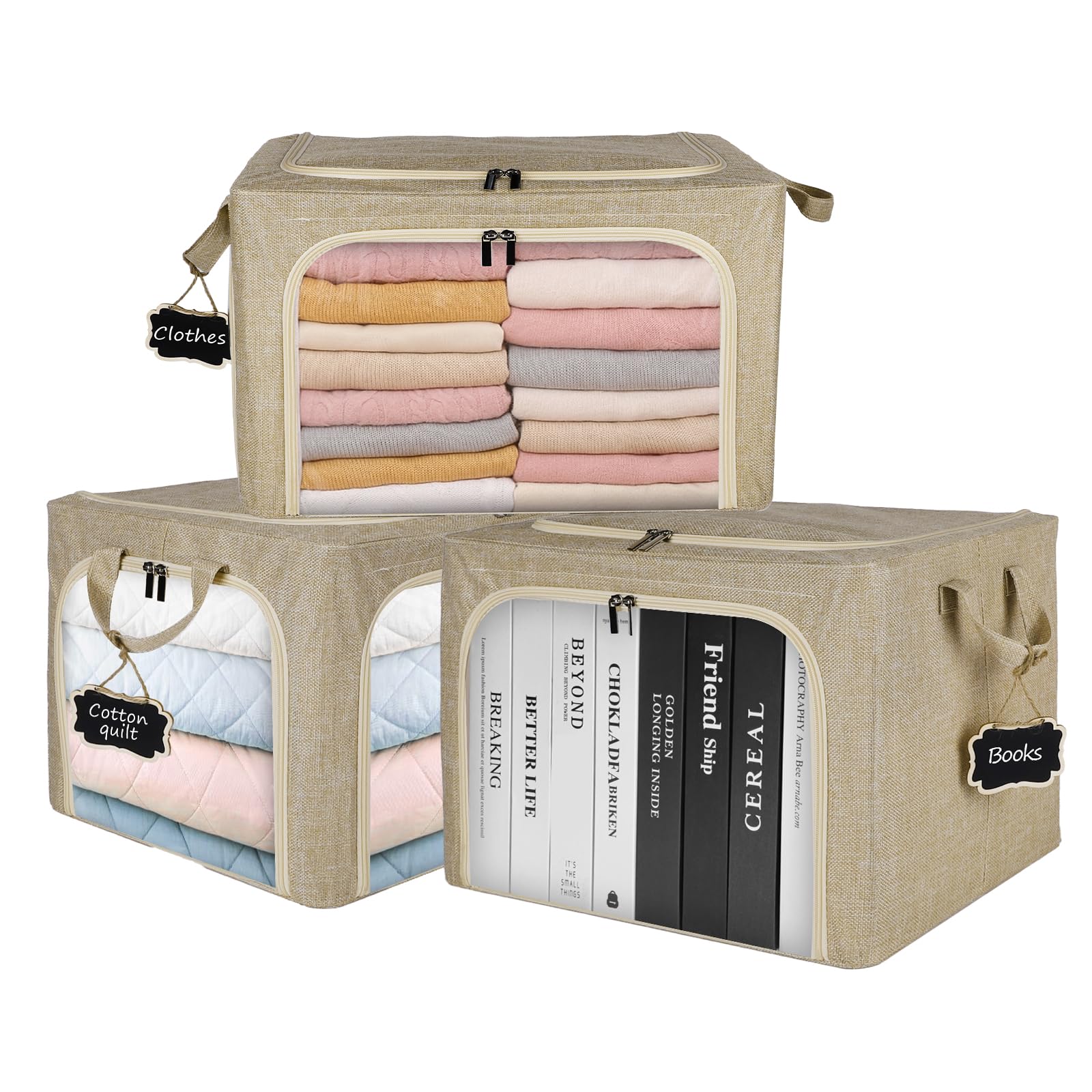 3 Pack Closet Organizers and Storage, Foldable Blanket Storage Bags, 3 Openings Clothes Organizer with Clear Windows, Metal Frame & Durable Handles & Zippers for Organizing (Beige 40L)