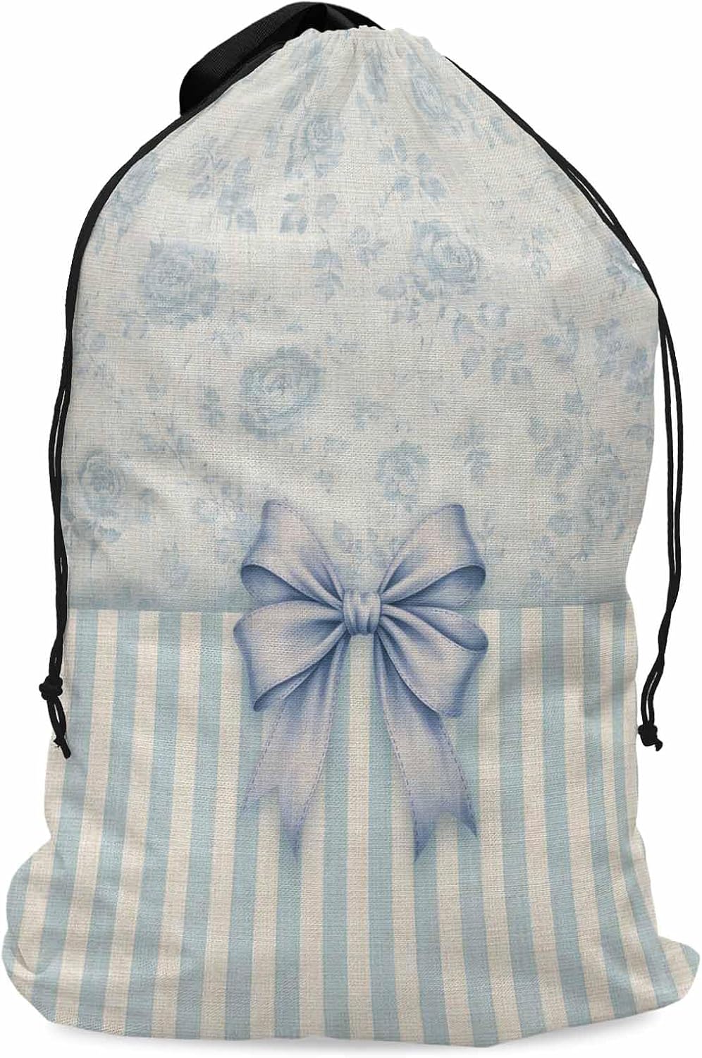 Vintage Blue Bow Large Laundry Bag with Drawstring Closure, Farmhouse Roses Floral Stripes Dirty Clothes Bags Mesh Storage Bag for College Dorm, Travel, Apartment, 25" x 38"