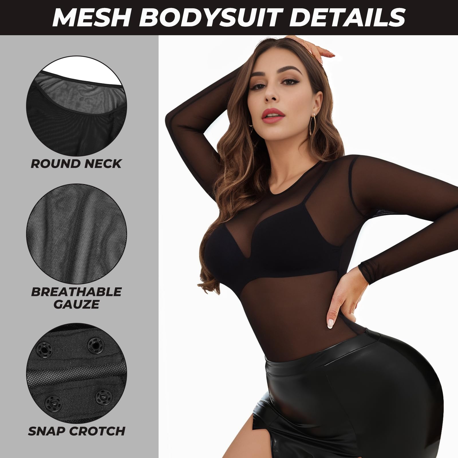 Buauty Body de malla de manga larga para mujer, parte superior de malla transparente, cuello redondo, leotardo transparente con entrepierna a presión, ropa de club