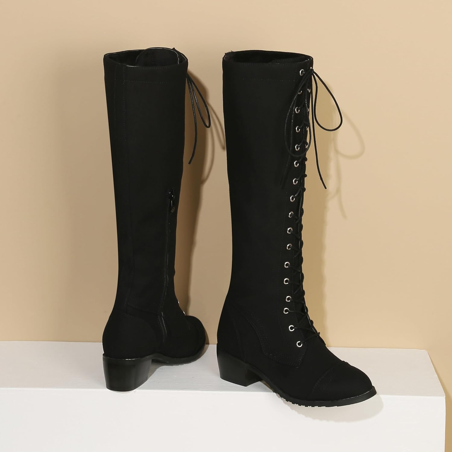 BEAUPAS Women's Knee High Combat Boots Lace Up Low Heel Military Tall Boots - Image 6