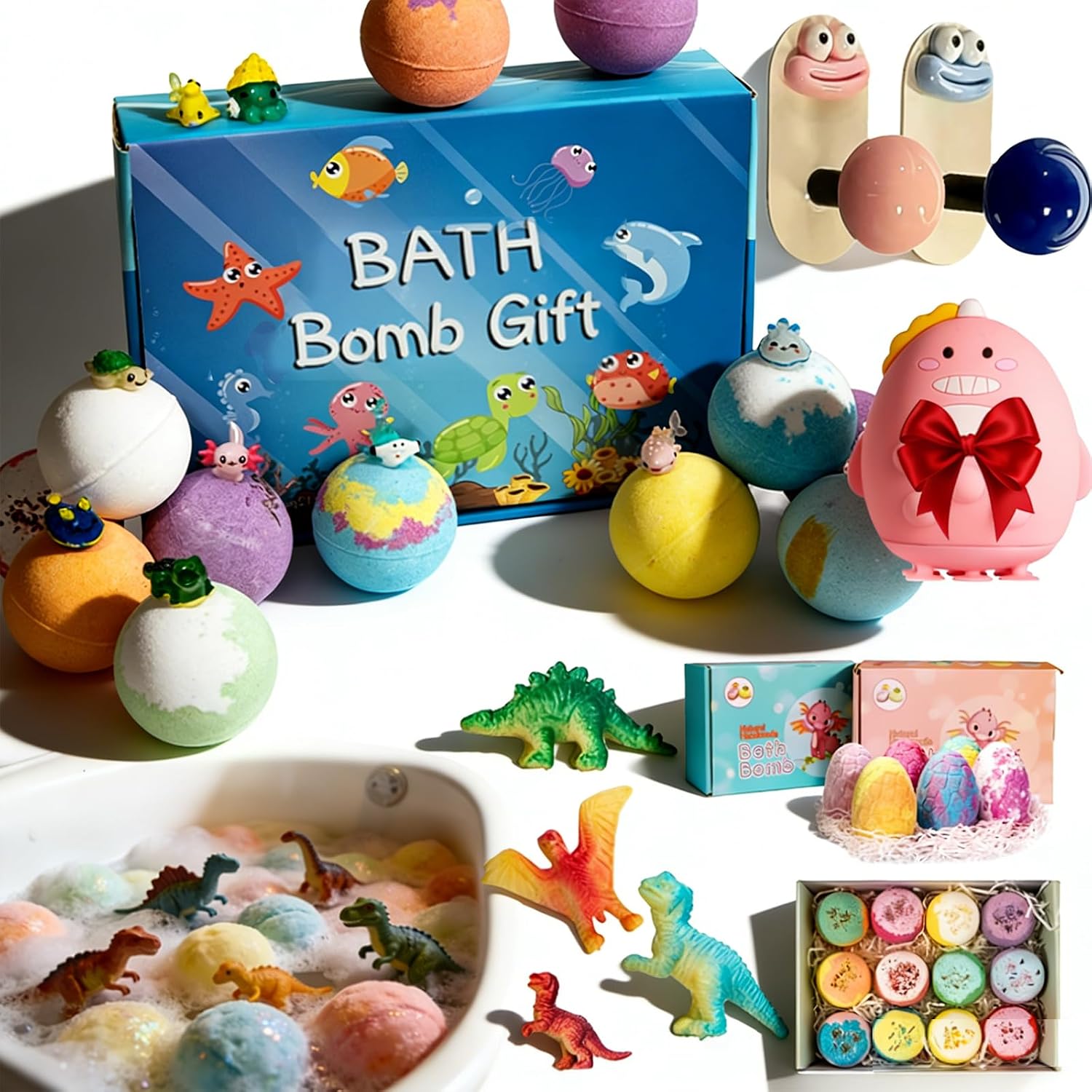 Easter Bath Bombs for Kids with Surprise Inside, 6/12 Pack Easter Egg Bath Bombs, Dinosaur Egg Bathbombs with Toys Inside, Vibrant Colors, Non-Staining Formula, Effervescent Evenly (Sea-12Pcs)