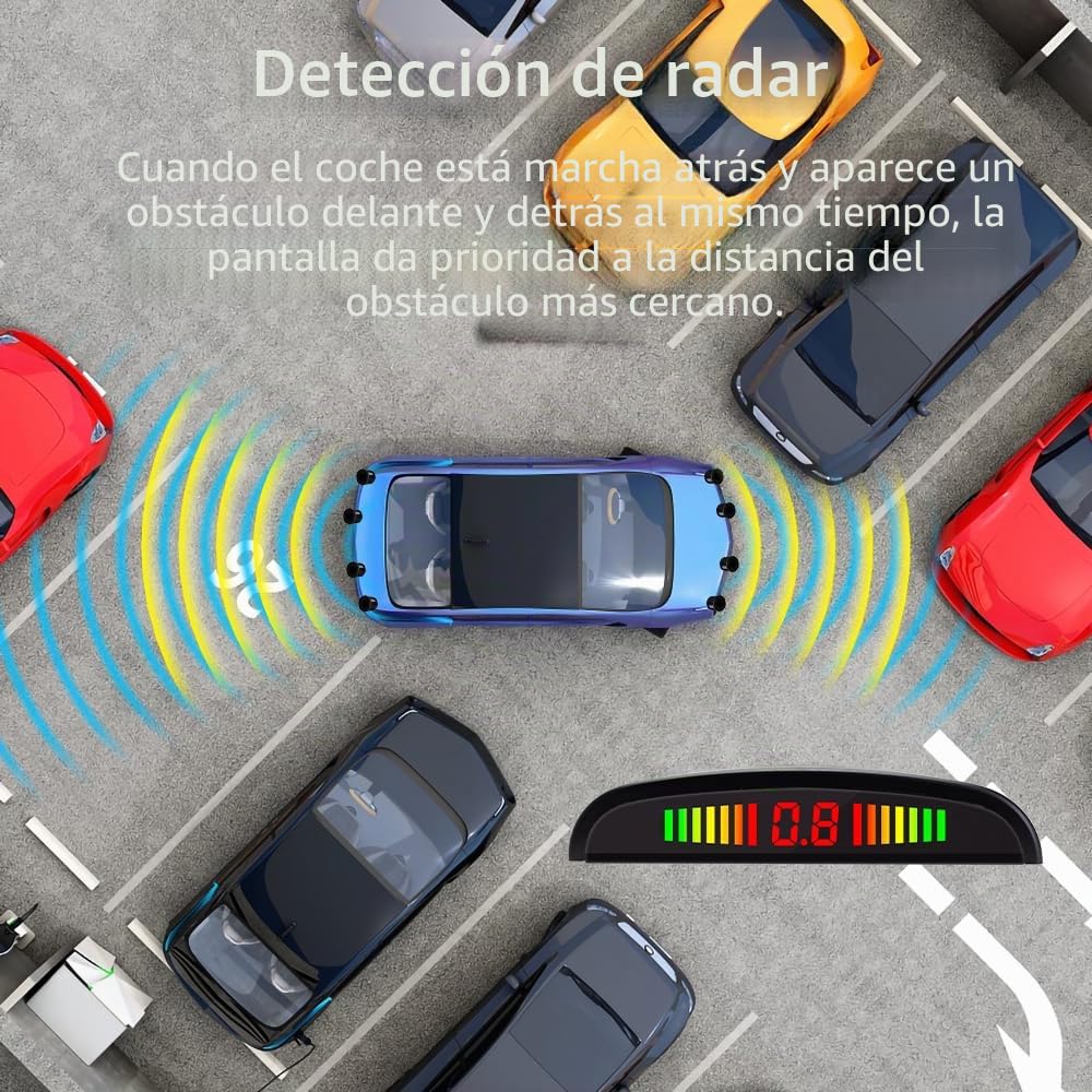 Sensores de Aparcamiento, 8 Sensores Delanteros y Traseros con Avisador Acústico de Distancia en Pantalla LED(8 Sensores, Negro)