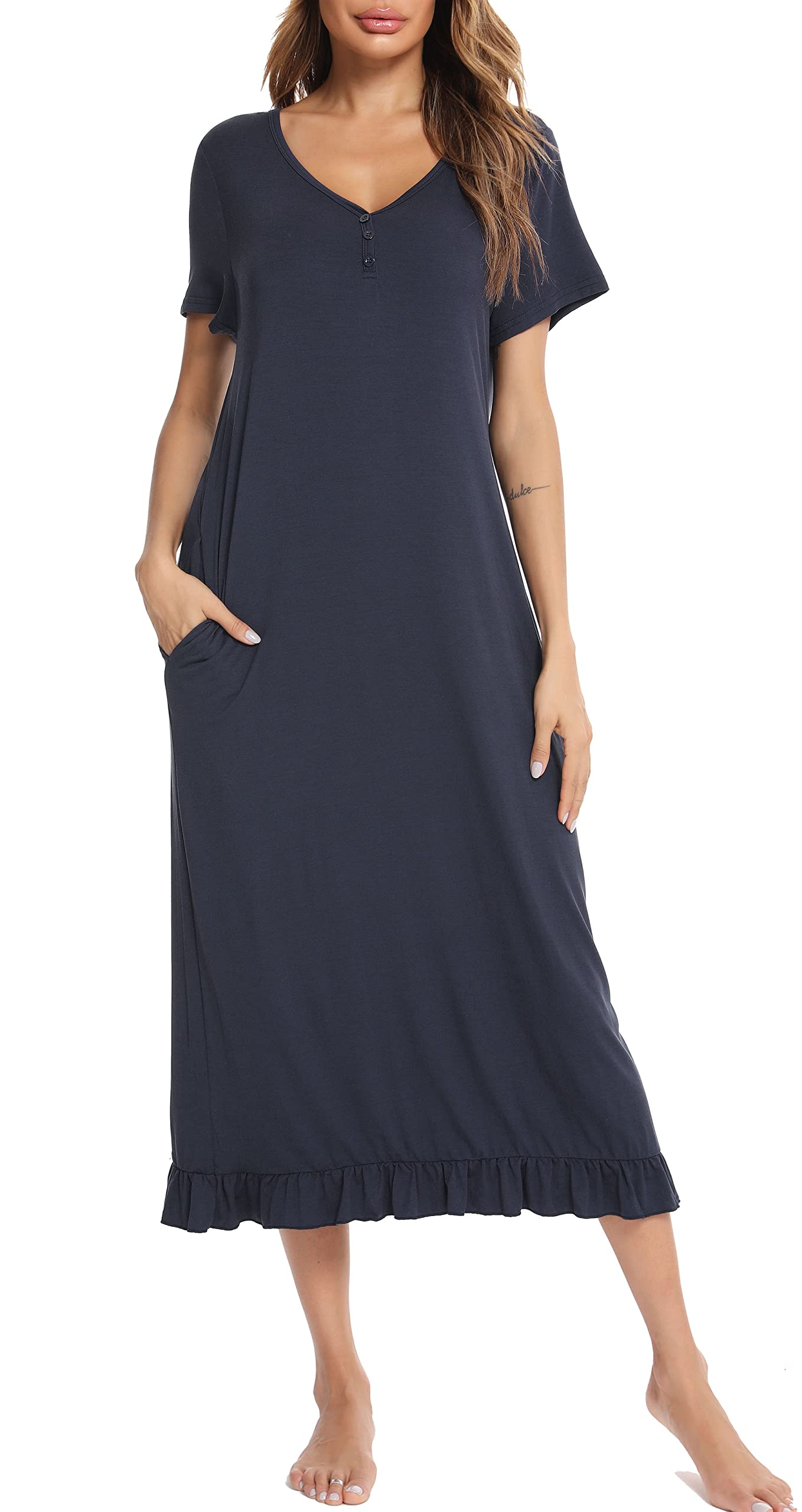 VlazomWomen's Nightdress Ruffle Hem Nightshirts V Neck Long Sleep Dress Nightgown Sleepwear