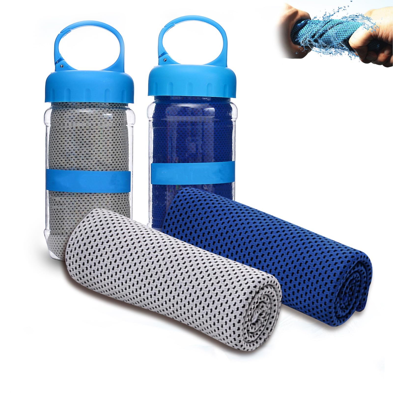 Jhbsou Towelnado Cooling Towel & Bottle, Portable Towels with Bottles for Neck and Face, Suitable for Sports, Gym Camping & More Activities (2 Deep Blue) (Grey+deep Blue)