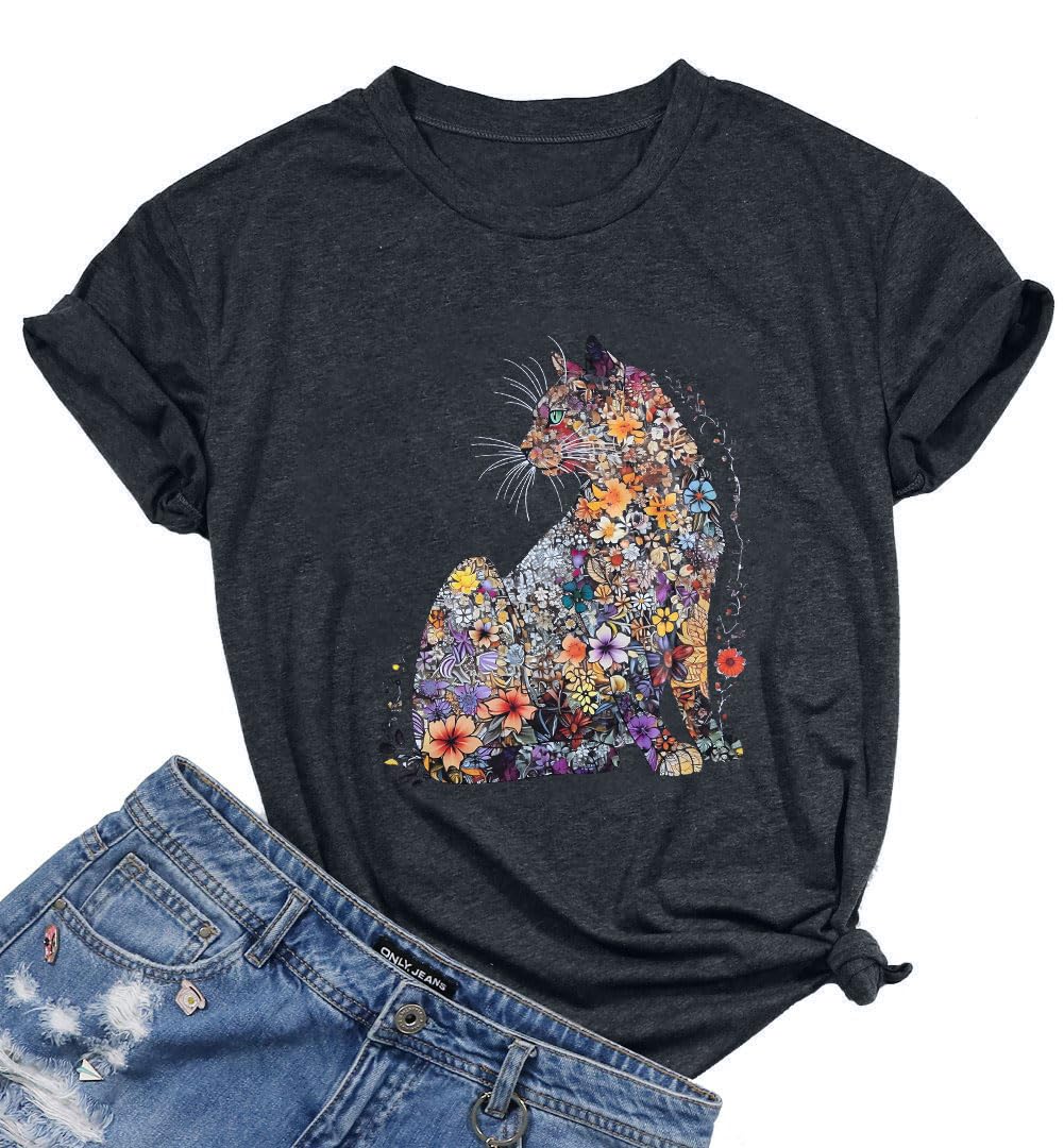 LOTUCYCat Lady Shirts for Women Cut Cat Floral Printed Shirts Cat Mom T-Shirt Casual Short Sleeve Tops