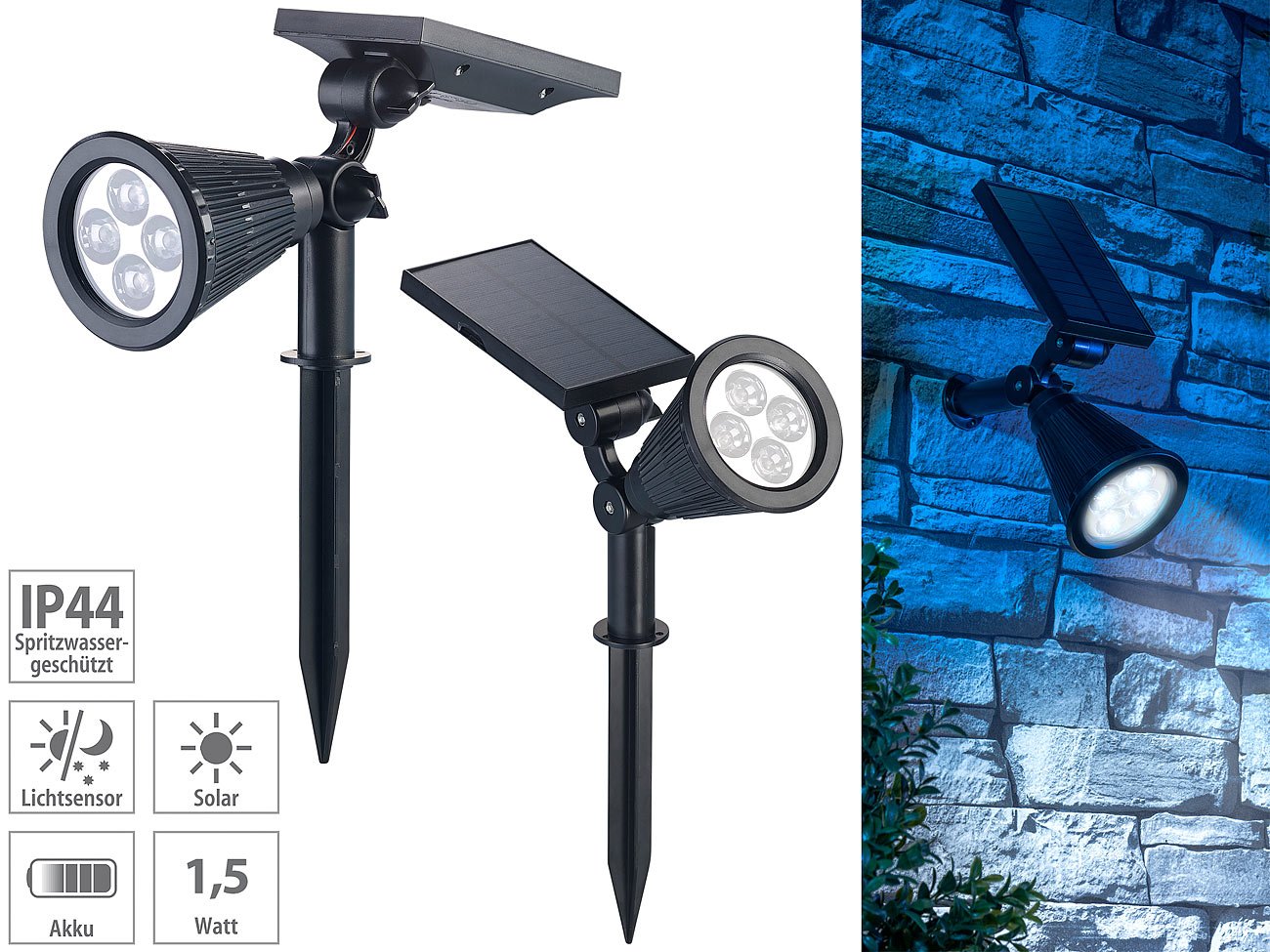 Luminea Gartenspots Solar: 2er-Set Solar-LED-Garten-Spots mit Erdspieß, 200 Lumen, 1,5 Watt, IP44 (Solarspot außen, LED Gartenspot, Baum)