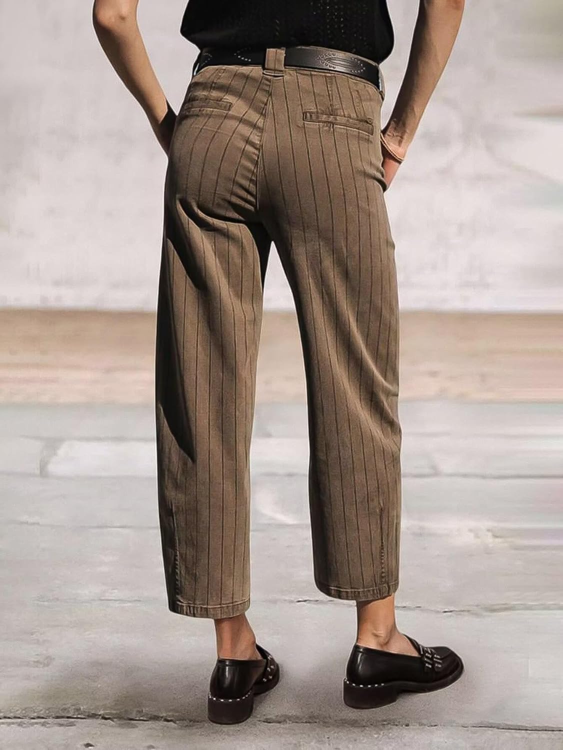 Flamingals Straight Leg Mid Waist Vintage Cropped Stripe Barrel Stretchy Jeans Without Belt - Image 4