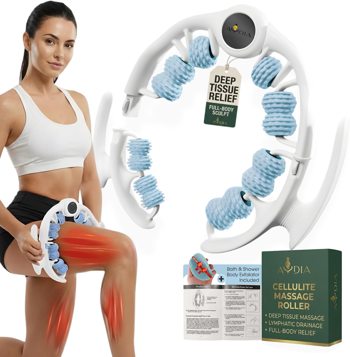 Cellulite Massage Roller, Fascia Blaster, Lymphatic Drainage Massager, Relieve Muscle Soreness, Body Sculpting Tool with Detachable Handles for Thighs, Legs, Buttocks, Gift Exfoliating Brush (Blue)