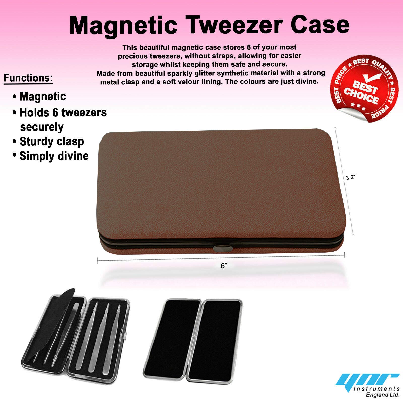 Glittery Magnetic Case for 6 Eyelash Tweezers Light Weight Hidden Magnetic Frame (Brown)
