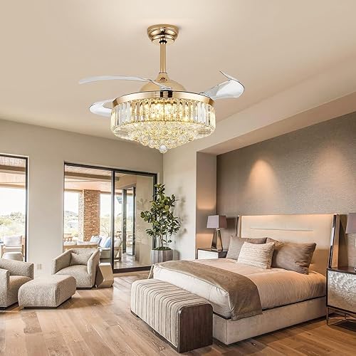 Miniatura 4 de Ventiladores de techo de 42 pulgadas con luz, ventilador de techo de araña, ventilador de techo retráctil de cristal para dormitorio, sala de estar,