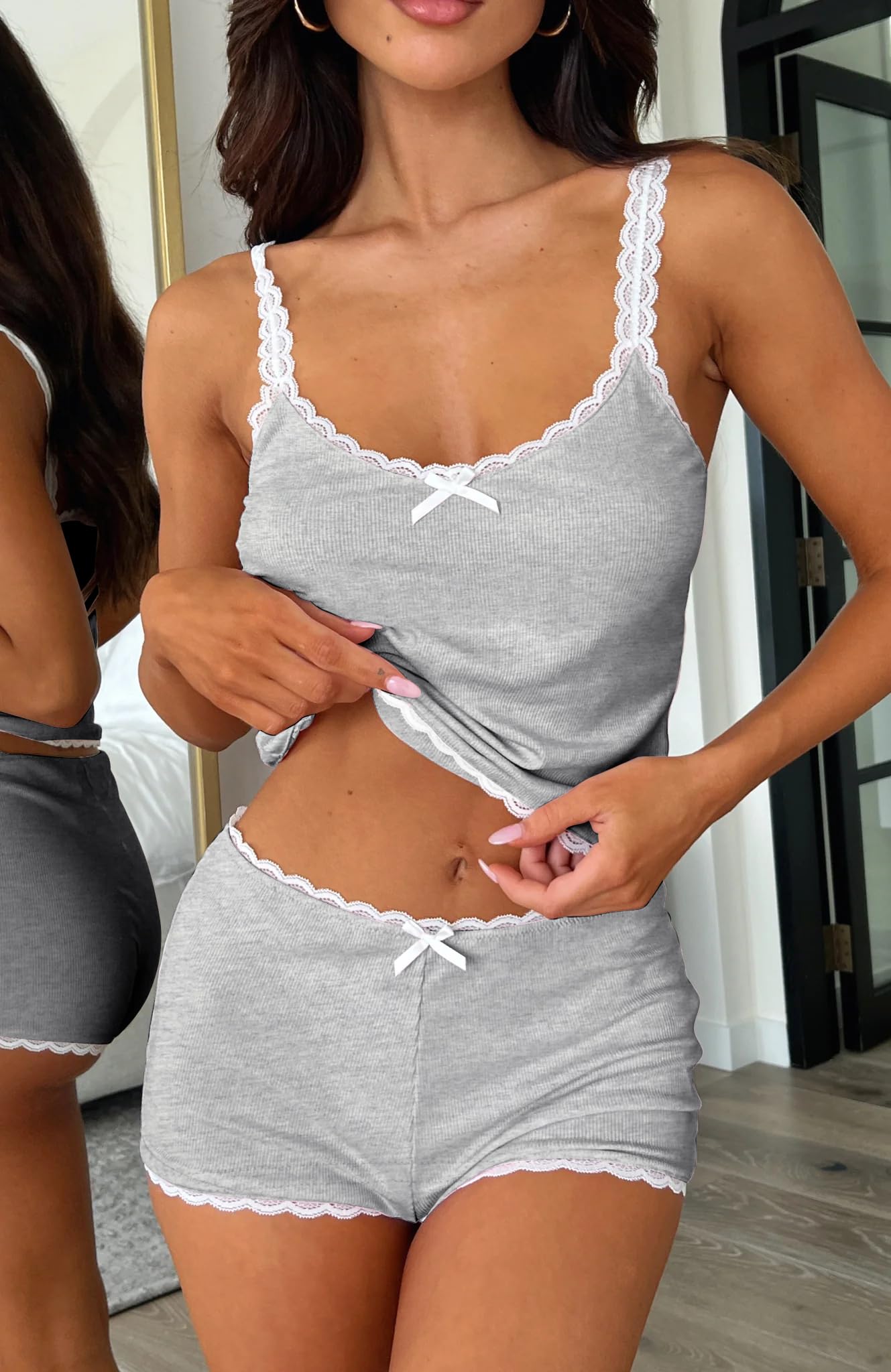 Cioatin Women 2 Piece Ribbed Y2K Pajama Set Sleeveless Lace Patchwork Crop Cami Tops and Shorts Lounge Sleepwear PJ Set (US, Alpha, Medium, Regular, Regular, Black): Small Heather Gray