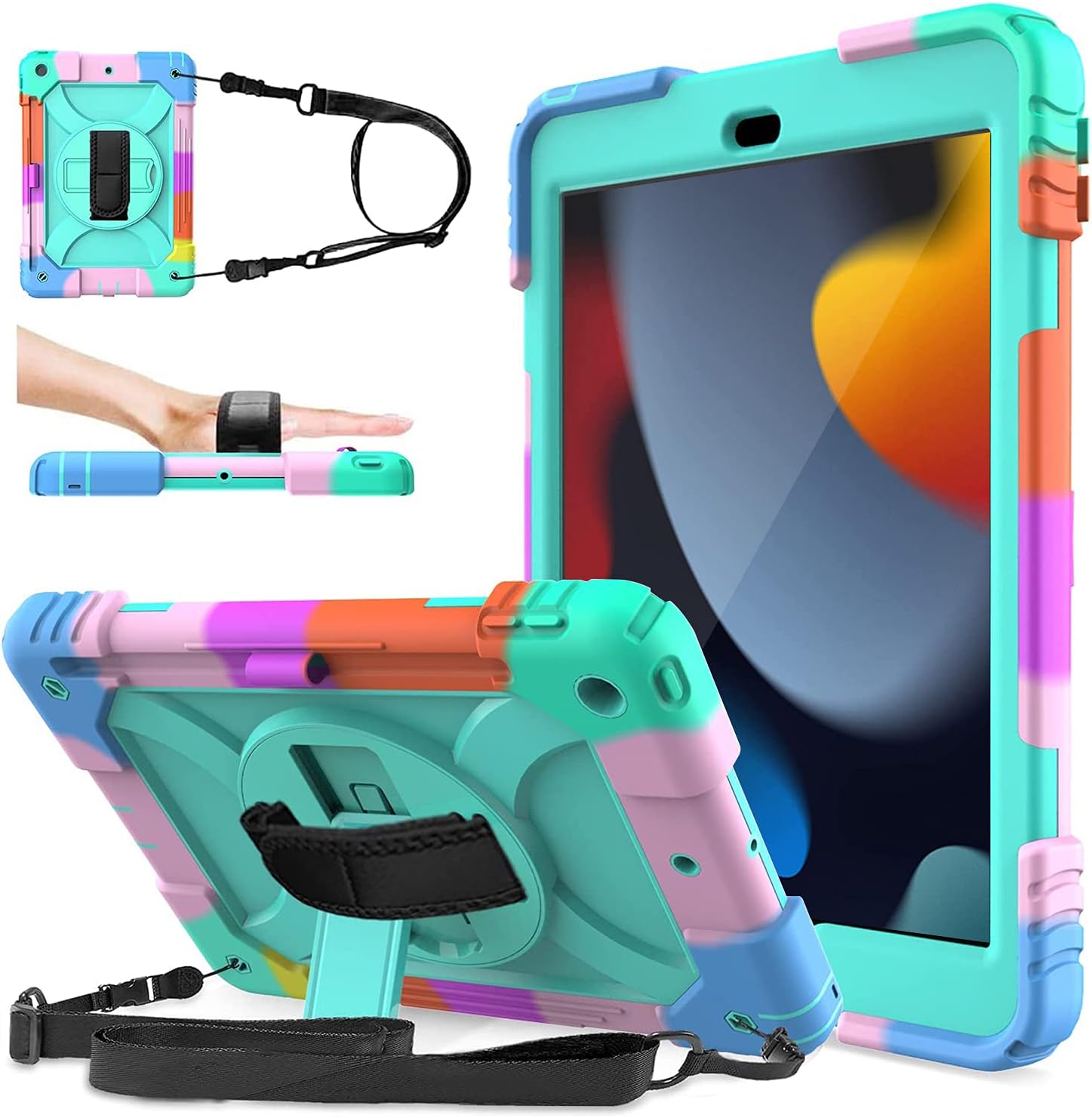 LEDNICEKER iPad 9th/8th/7th Generation case, iPad 10.2 case, Three Layer Protective Kids Case with [360 Rotating Stand] [Hand Strap] [Pencil Holder] for iPad 10.2 9th Gen 2021/2020/2019-Turquoise