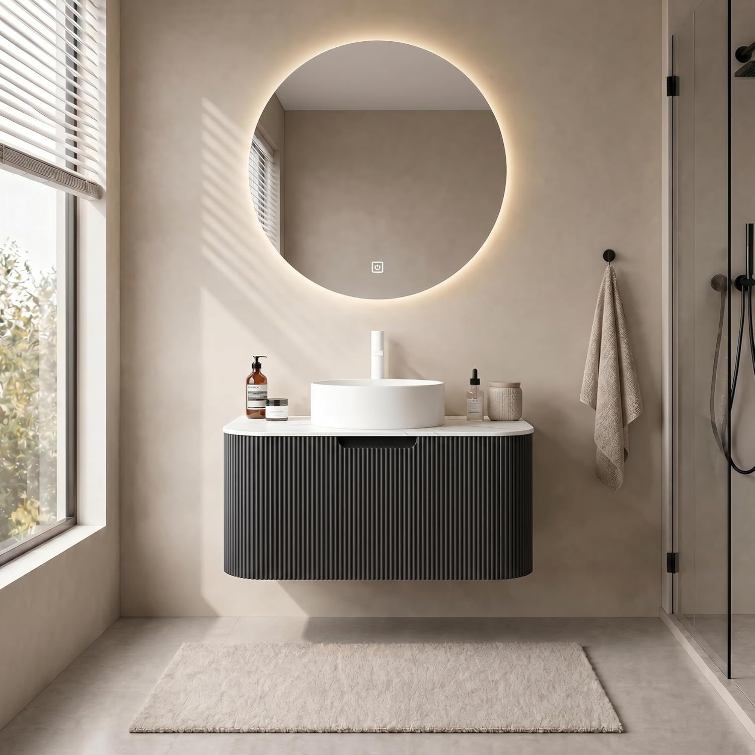 Yayzy 30" Floating Bathroom Vanity with Sink, Solid Wood Fluted Cabinet, White Round Ceramic Basin & Faux Marble Top, Soft-Close Drawer, Pre-Assembled, Gloss Black